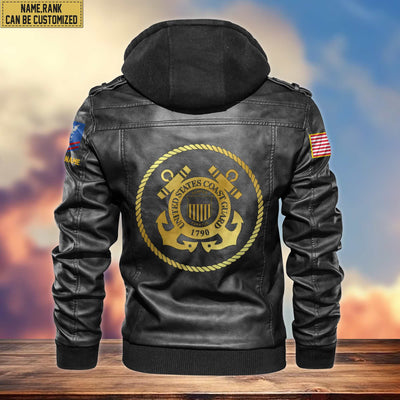 USCG Leather Jacket, Custom Name, Rank, Gifts For Coast Guard Veteran