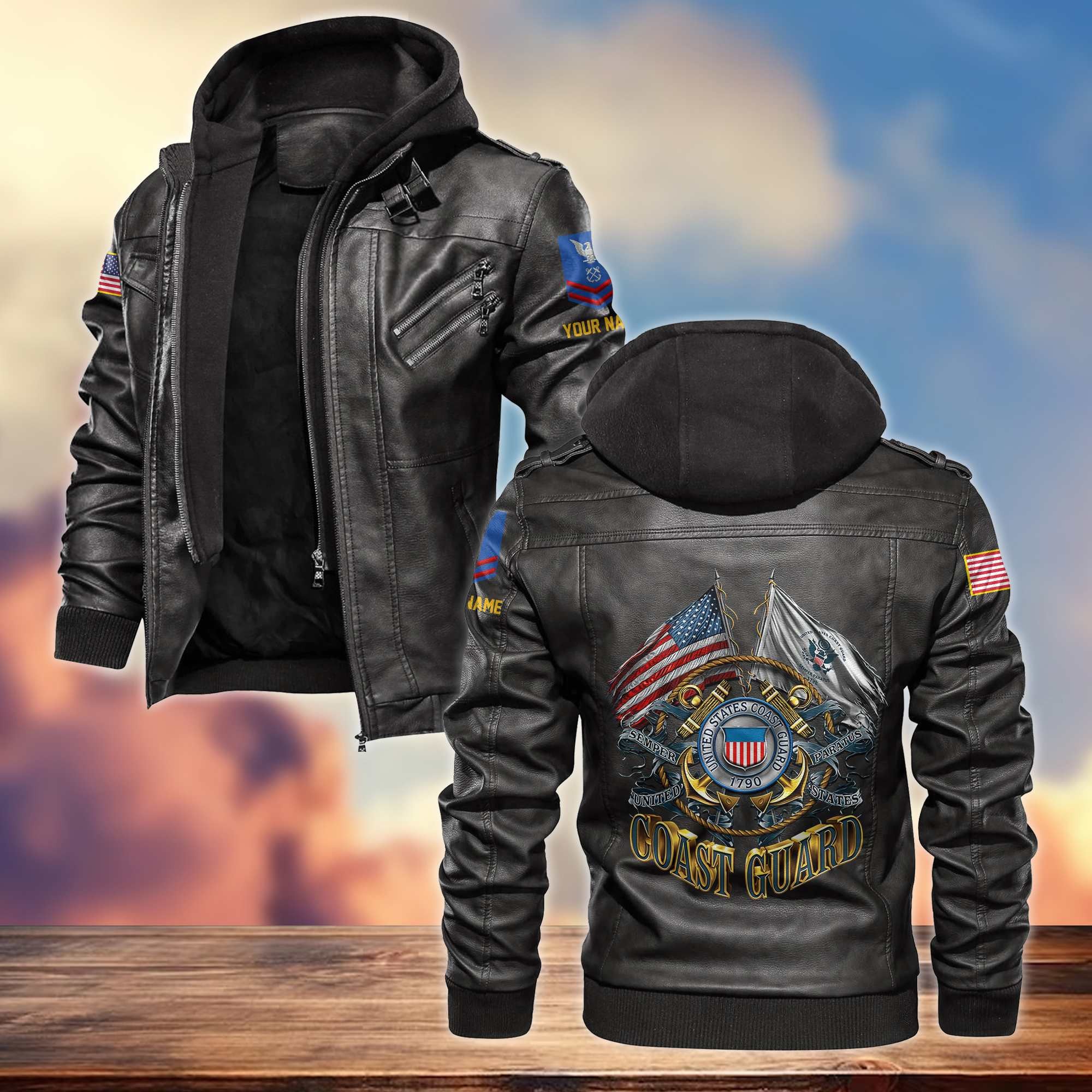 Premium USCG Leather Jacket, Custom Name, Rank, Gifts For Coast Guard Veteran
