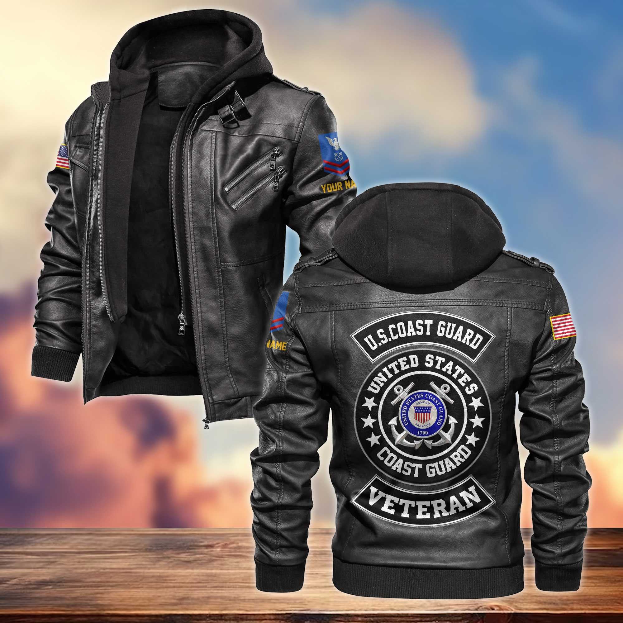 USCG Leather Jacket, Custom Name, Rank, Gifts For Coast Guard Veteran