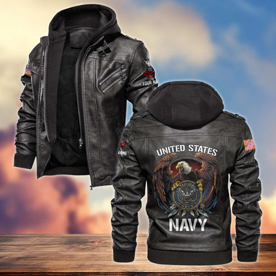 Premium US Navy Leather Jacket, Gifts For Navy Veteran