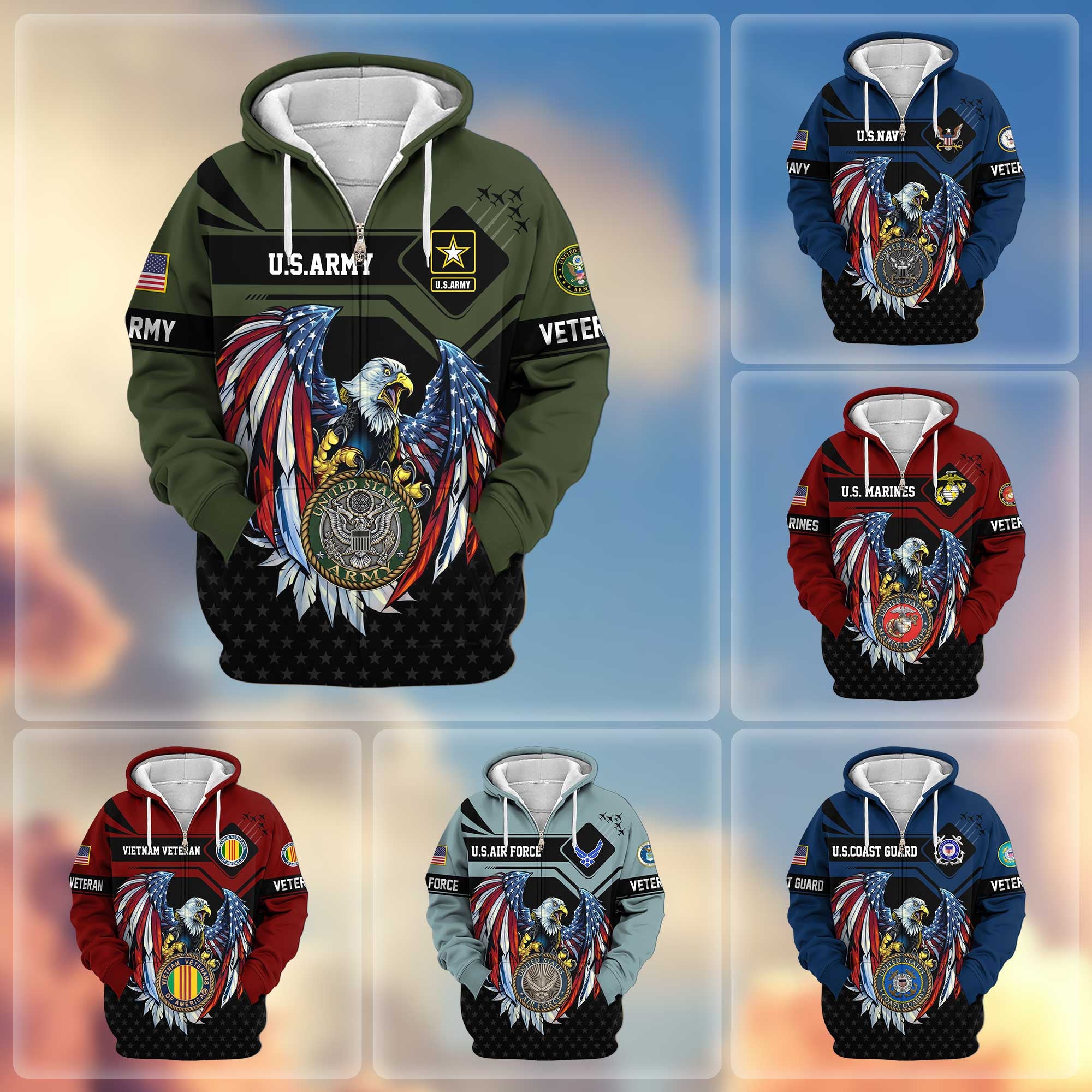 Premium US Veterans Zip Hoodie, Gifts For US Veterans, Gifts For Veterans Day