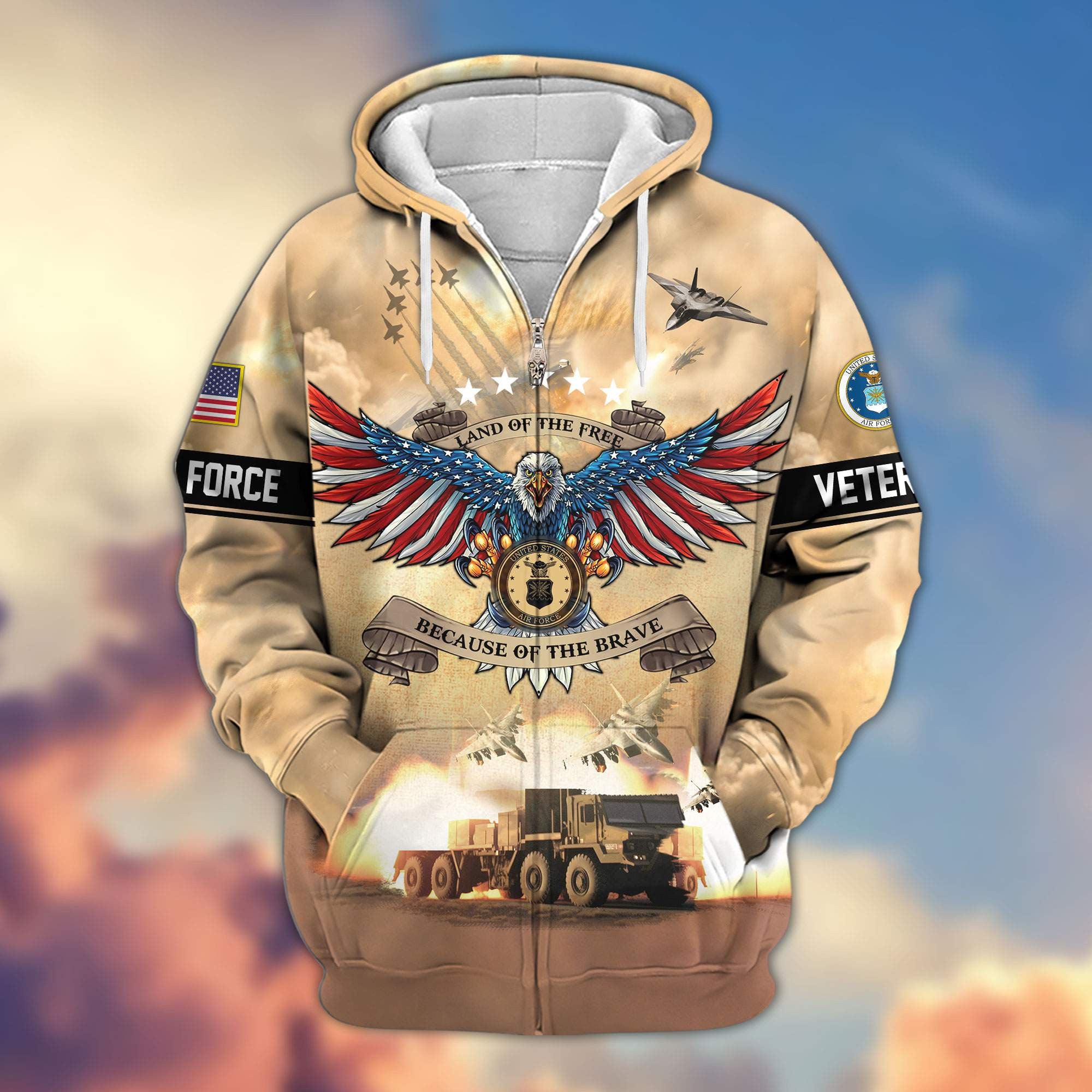 Premium Land Of The Free Because Of The Brave US Veterans Zip Hoodie, Gifts For US Veterans, Gifts For Veterans Day
