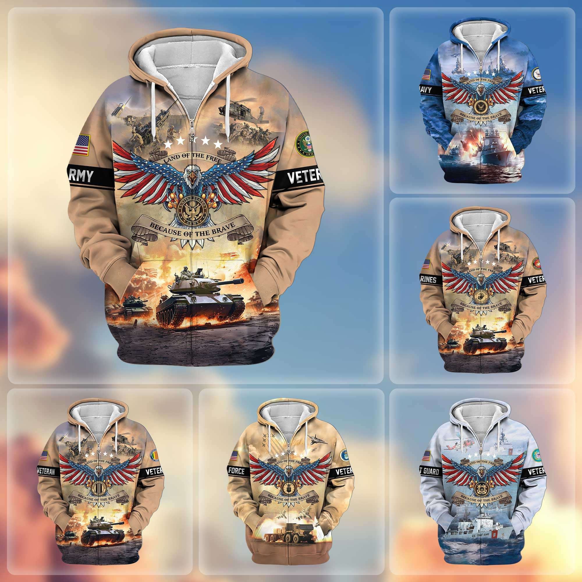 Premium Land Of The Free Because Of The Brave US Veterans Zip Hoodie, Gifts For US Veterans, Gifts For Veterans Day