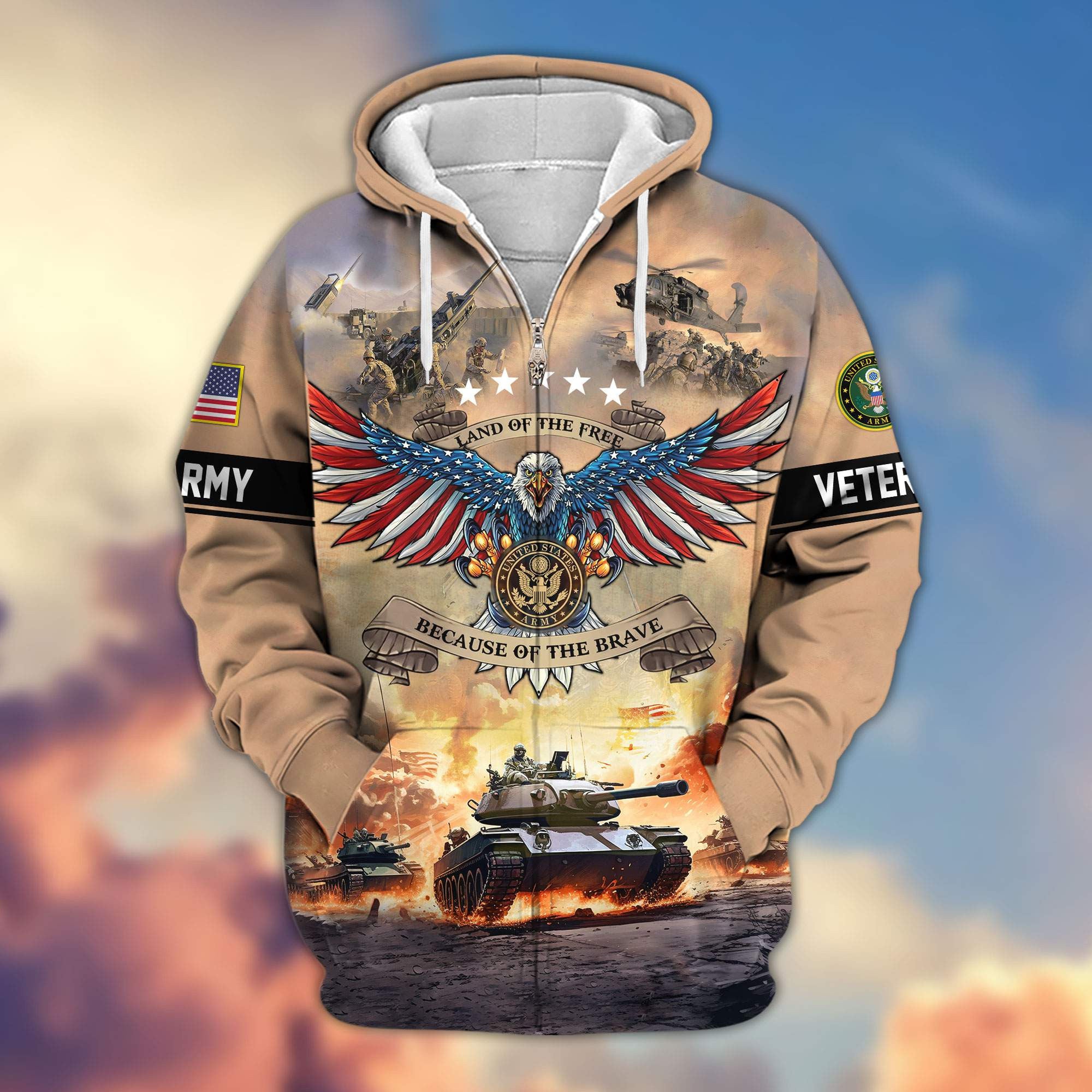 Premium Land Of The Free Because Of The Brave US Veterans Zip Hoodie, Gifts For US Veterans, Gifts For Veterans Day