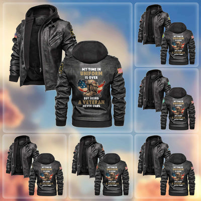 Premium My Time In Uniform Is Over But Being A Veteran Never Ends US Veterans Leather Jacket, Gifts For US Veterans