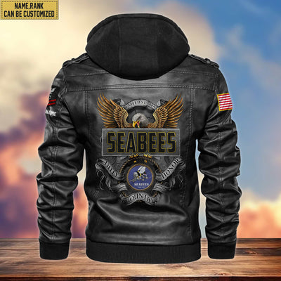 Premium US Seabees Leather Jacket, Custom Name, Rank, Gifts For Seabees Veteran