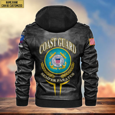Premium USCG Leather Jacket, Custom Name, Rank, Gifts For Coast Guard Veteran