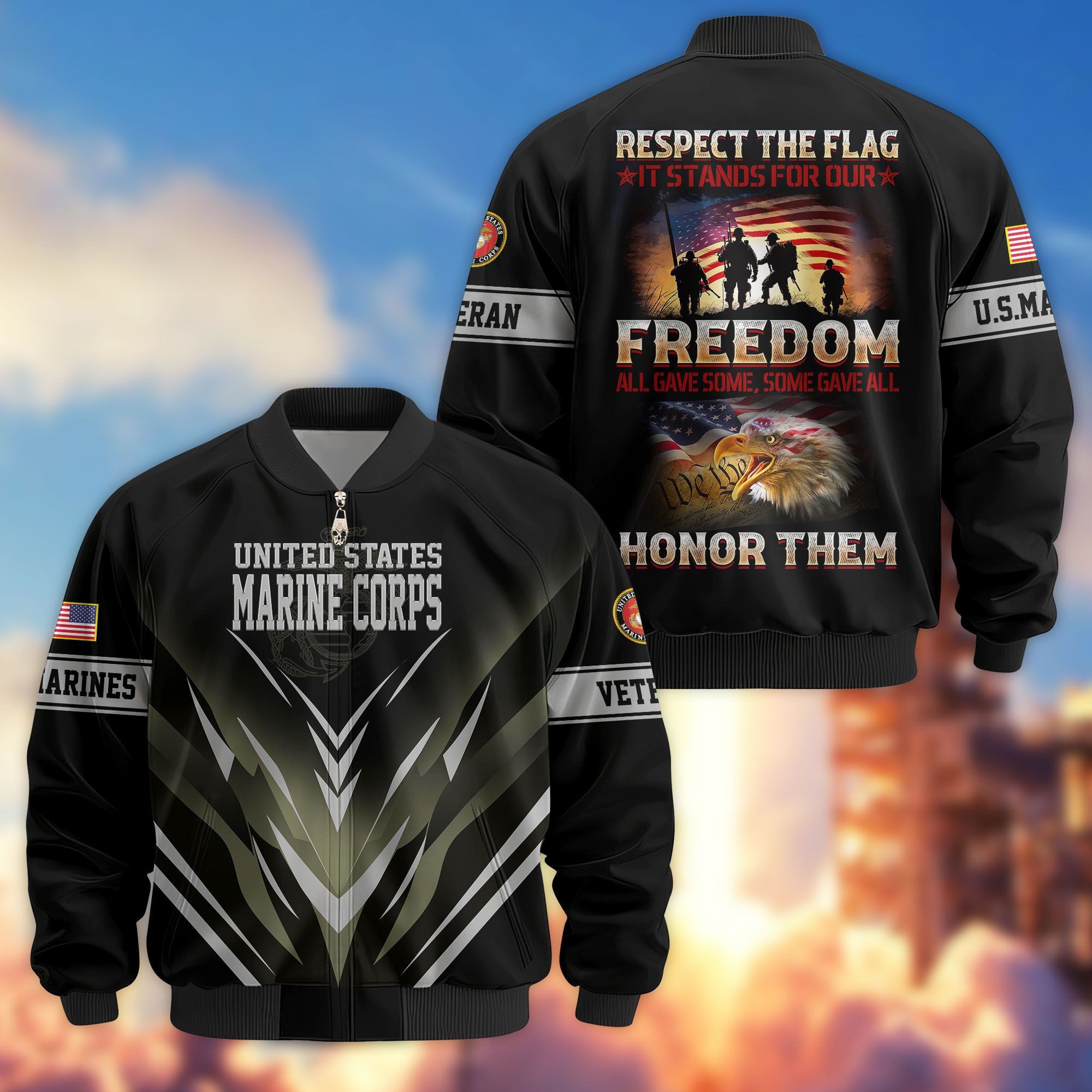 Premium Respect The Flag US Veterans Bomber Jacket, Gifts For US Veterans