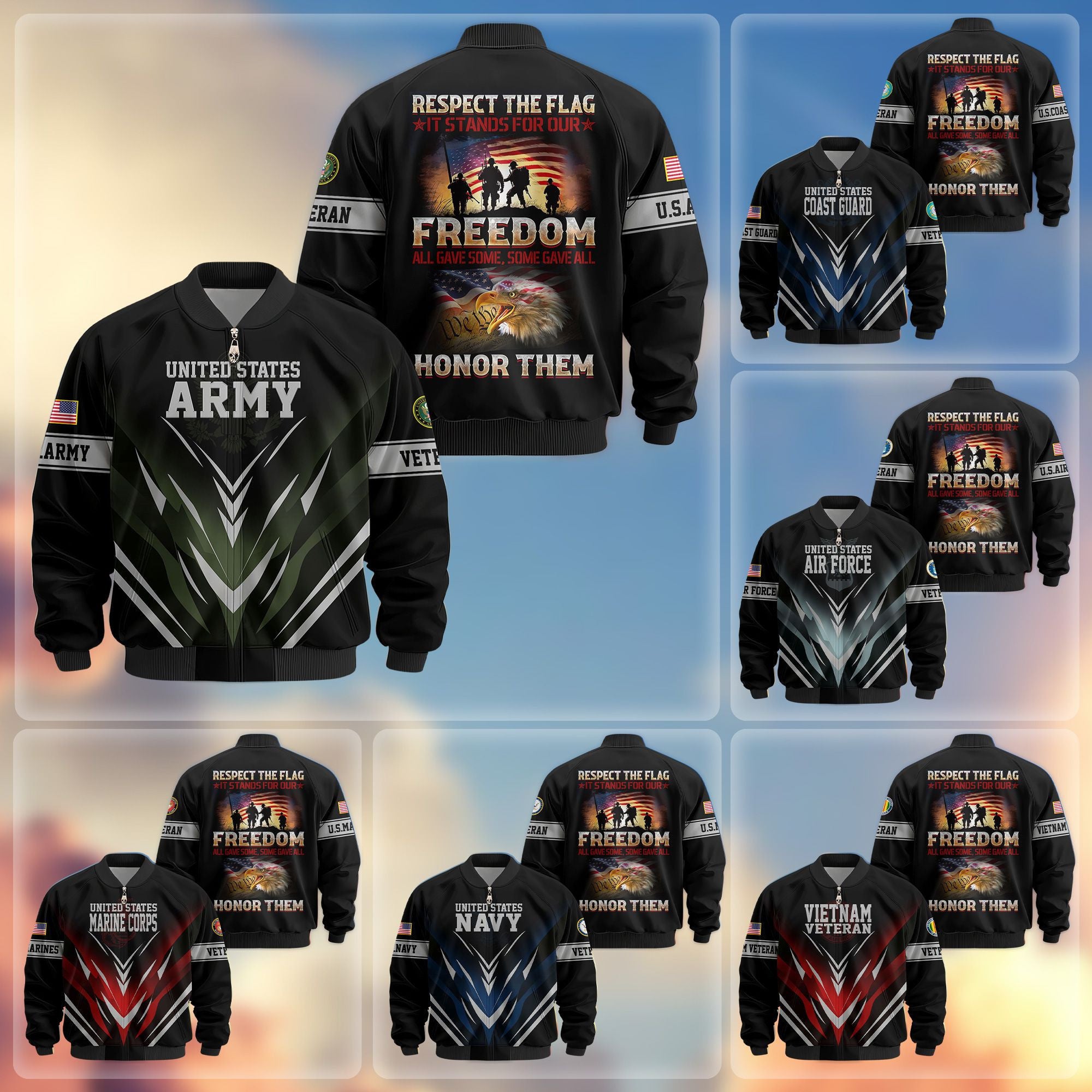 Premium Respect The Flag US Veterans Bomber Jacket, Gifts For US Veterans