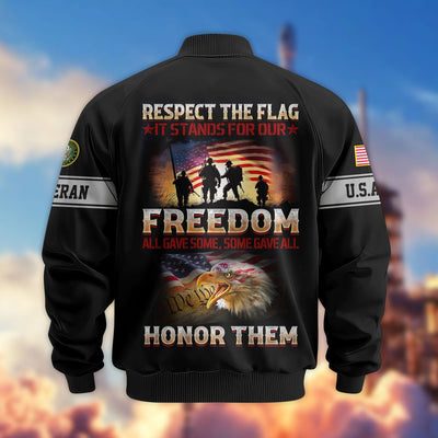 Premium Respect The Flag US Veterans Bomber Jacket, Gifts For US Veterans