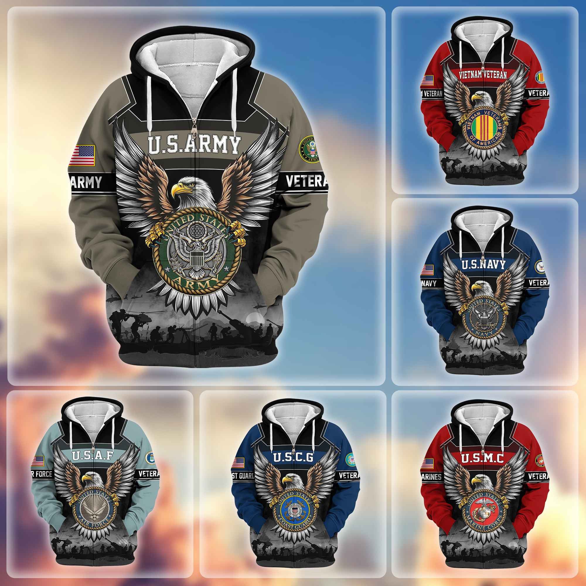 Premium US Veterans Zip Hoodie, Gifts For US Veterans