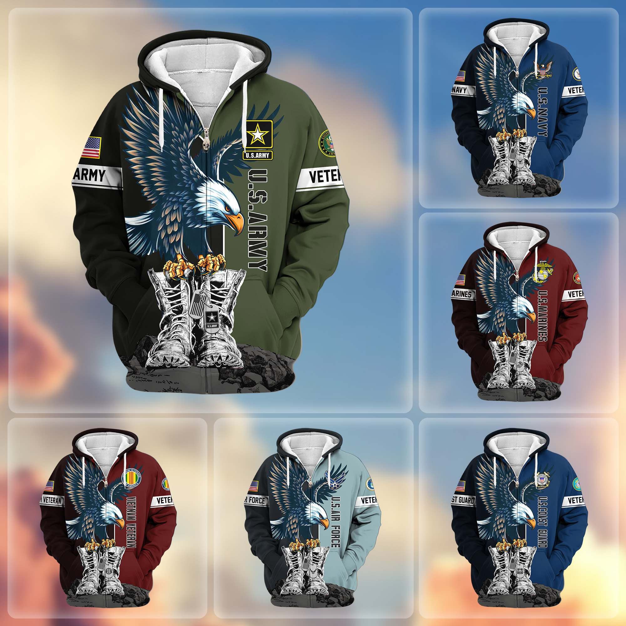 Premium US Veterans Zip Hoodie, Gifts For US Veterans, Gifts For Dad, Gifts On Armed Force Day, Independence Day, Veterans Day.