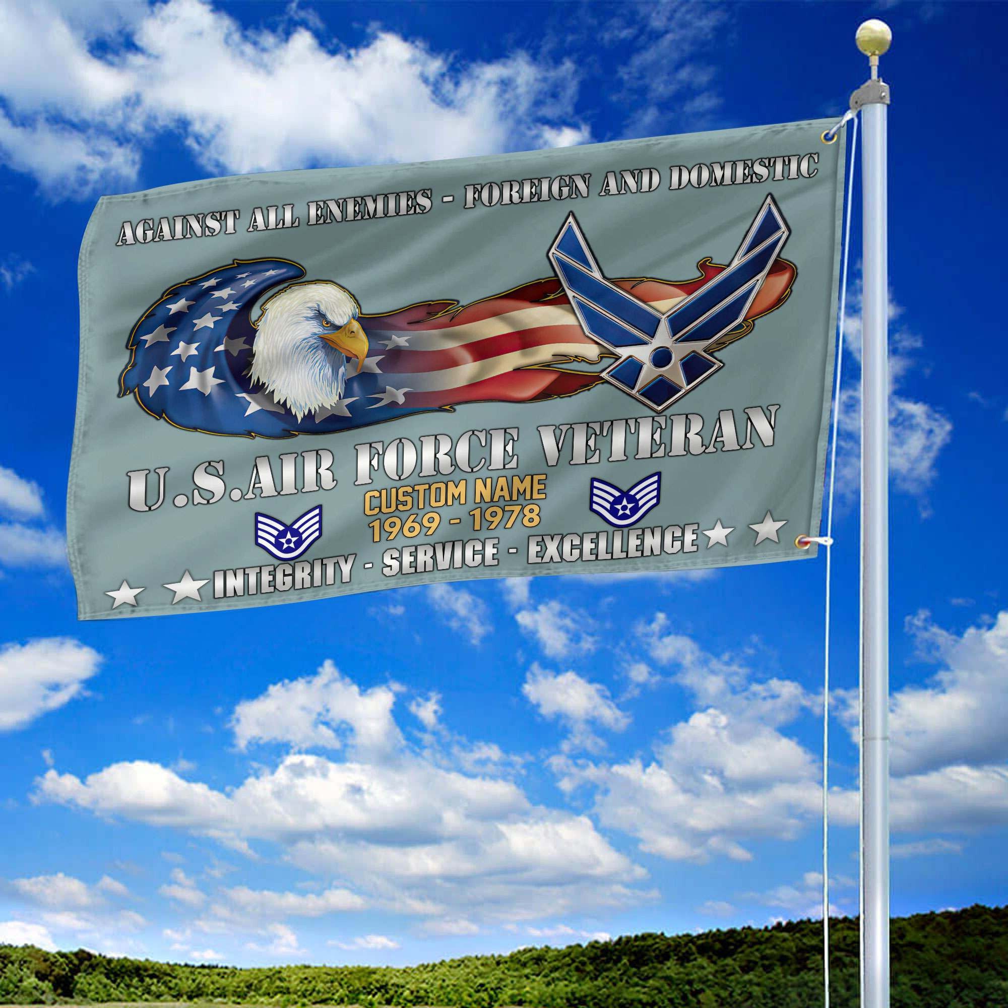 Unique Custom Name, Rank, Year, USAF Grommet Flag, Gift For Air Force Veteran, Gifts For Dad, For Husband, Best Gifts On Father's Day, Independence Day, Veterans Day.