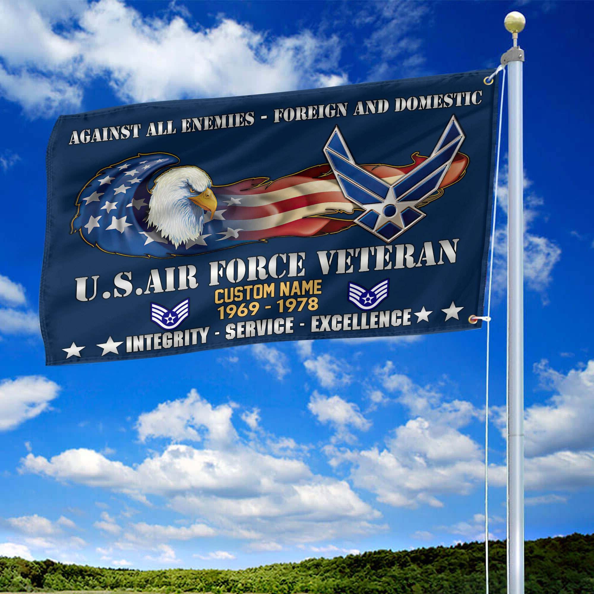 Unique Custom Name, Rank, Year, USAF Grommet Flag, Gift For Air Force Veteran, Gifts For Dad, For Husband, Best Gifts On Father's Day, Independence Day, Veterans Day.