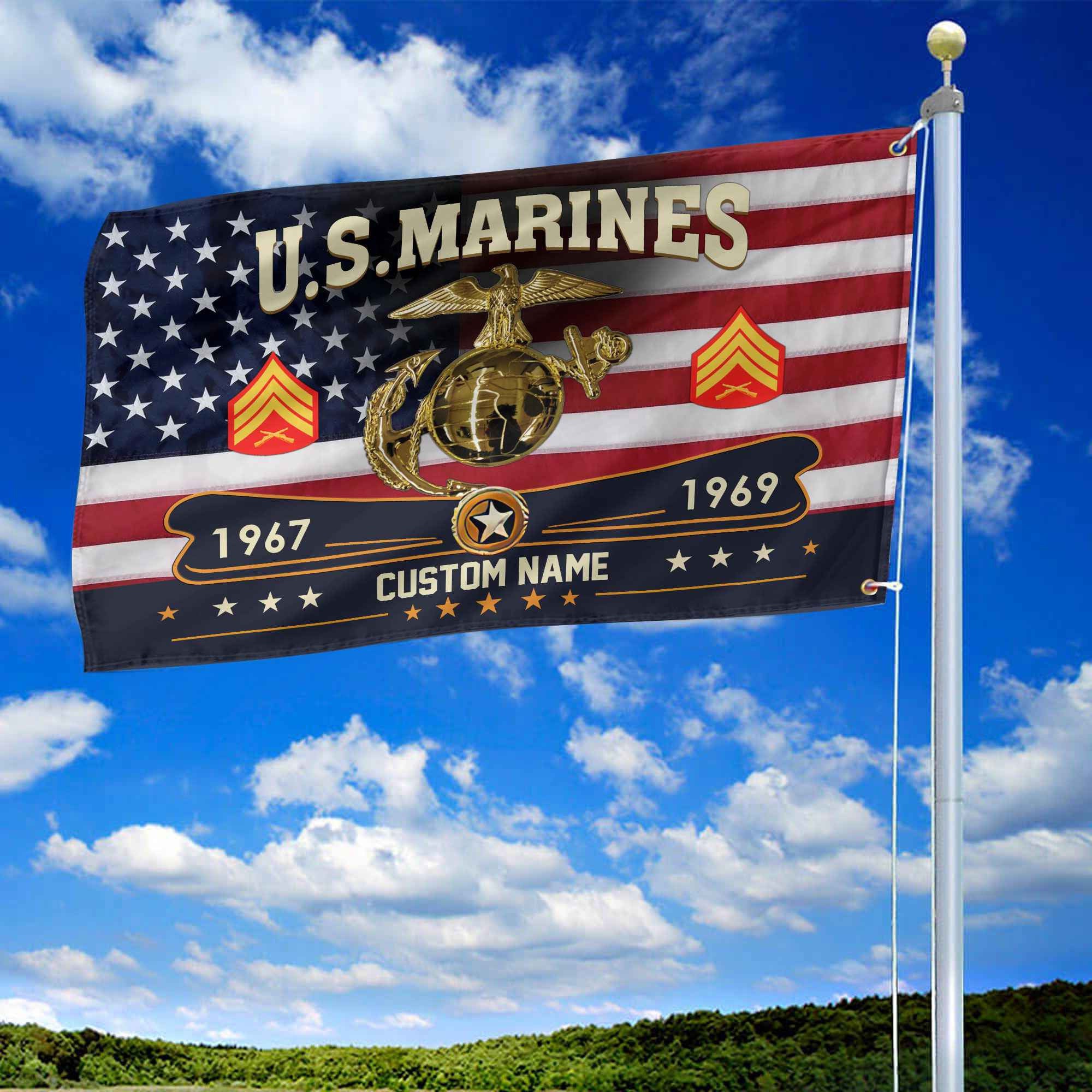 Premium USMC Grommet Flag, Custom Name, Rank, Year, Gifts For Marine Veteran, Best Gifts On Father's Day, Armed Forces Day, Independence Day, Veterans Day.