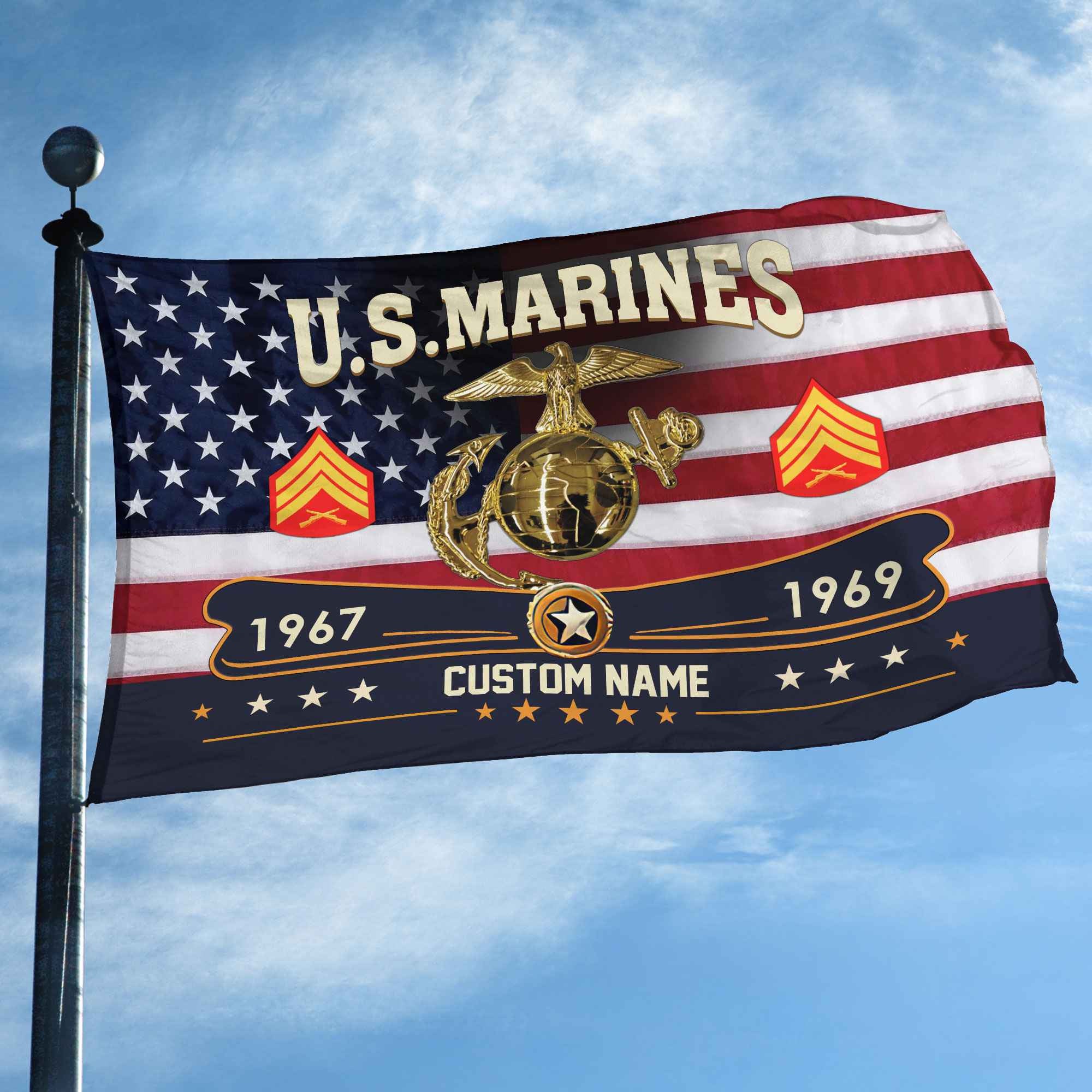Premium USMC Grommet Flag, Custom Name, Rank, Year, Gifts For Marine Veteran, Best Gifts On Father's Day, Armed Forces Day, Independence Day, Veterans Day.