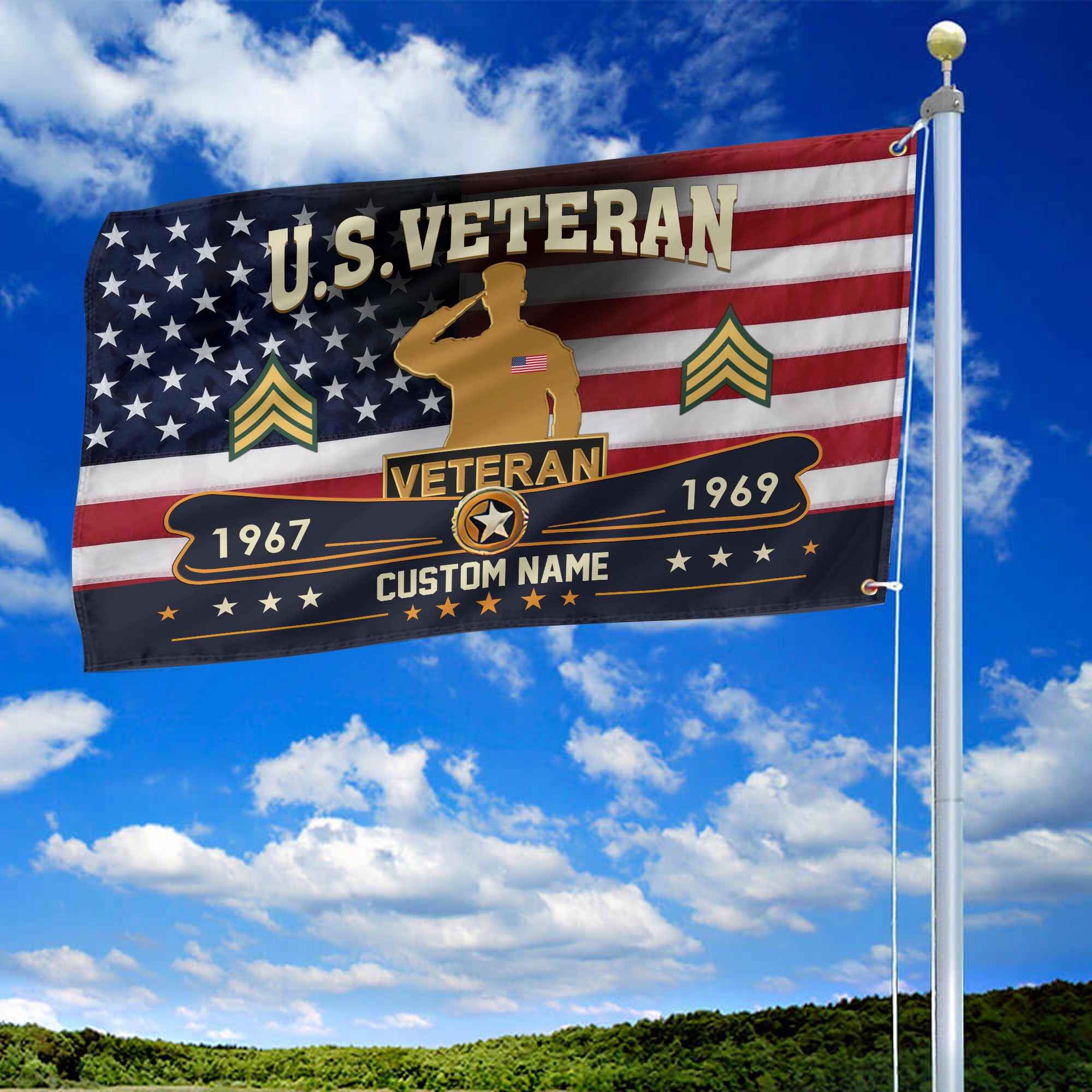 Premium US Veteran Grommet Flag, Custom Name, Rank, Year, Gifts For US Veteran, Best Gifts On Father's Day, Armed Forces Day, Independence Day, Veterans Day.