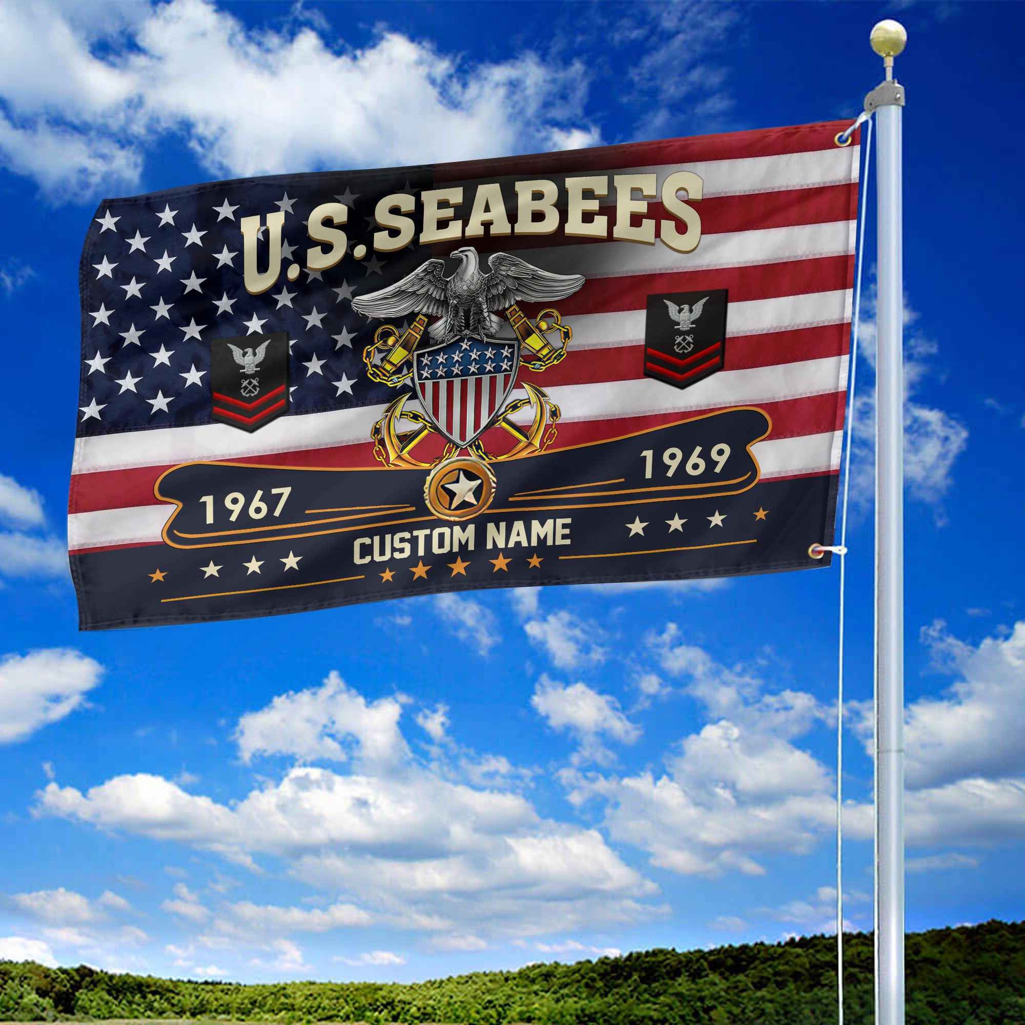 Premium US Seabees Grommet Flag, Custom Name, Rank, Year, Gifts For Seabees Veteran, Best Gifts On Father's Day, Armed Forces Day, Independence Day, Veterans Day.
