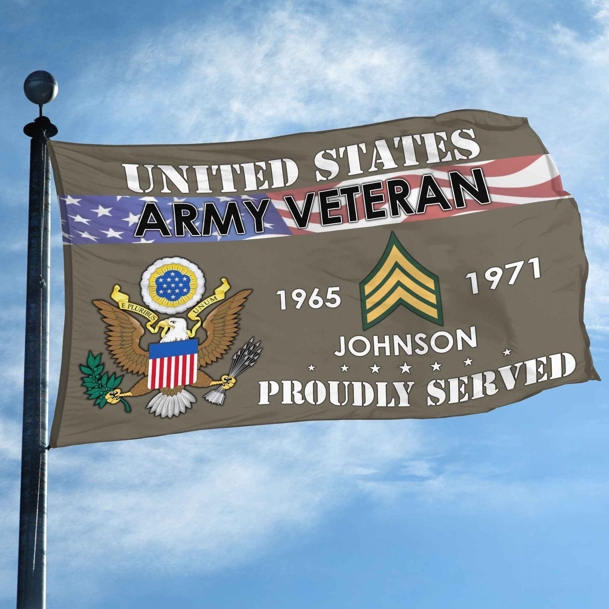 Premium US Army Grommet Flag, Custom Name, Rank, Year, Gifts For Army Veteran, Best Gifts On Father's Day, Armed Forces Day, Independence Day, Veterans Day.