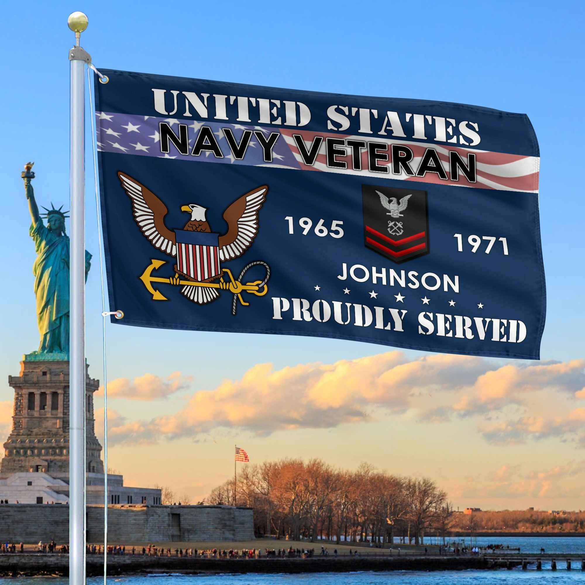 Premium US Navy Grommet Flag, Custom Name, Rank, Year, Gifts For Navy Veteran, Best Gifts On Father's Day, Armed Forces Day, Independence Day, Veterans Day.