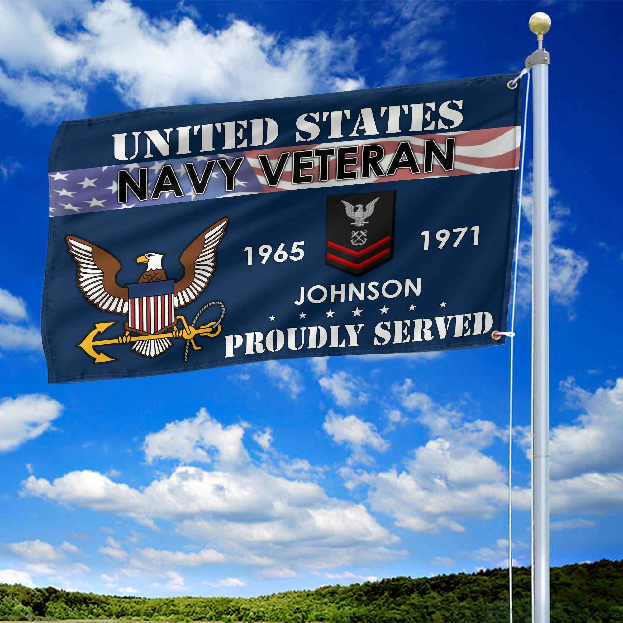 Premium US Navy Grommet Flag, Custom Name, Rank, Year, Gifts For Navy Veteran, Best Gifts On Father's Day, Armed Forces Day, Independence Day, Veterans Day.