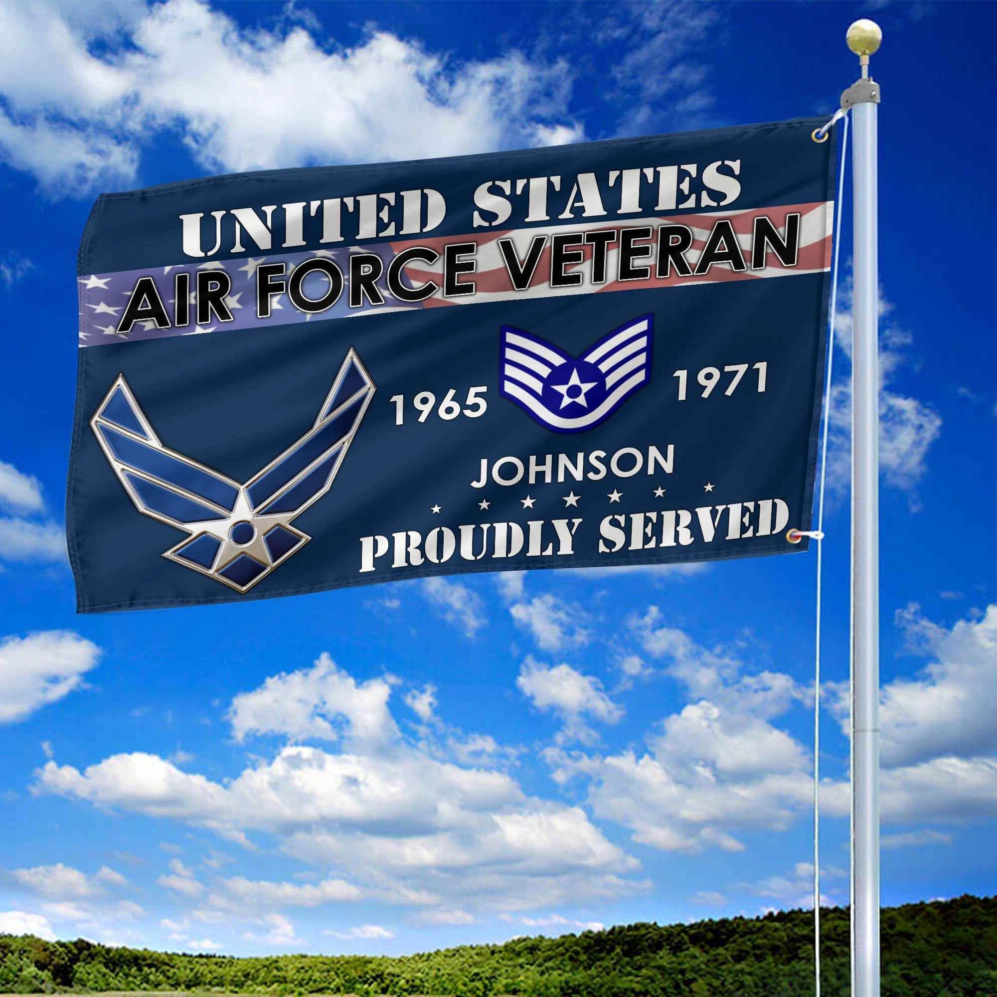 Premium USAF Grommet Flag, Custom Name, Rank, Year, Gifts For Air Force Veteran, Best Gifts On Father's Day, Armed Forces Day, Independence Day, Veterans Day.