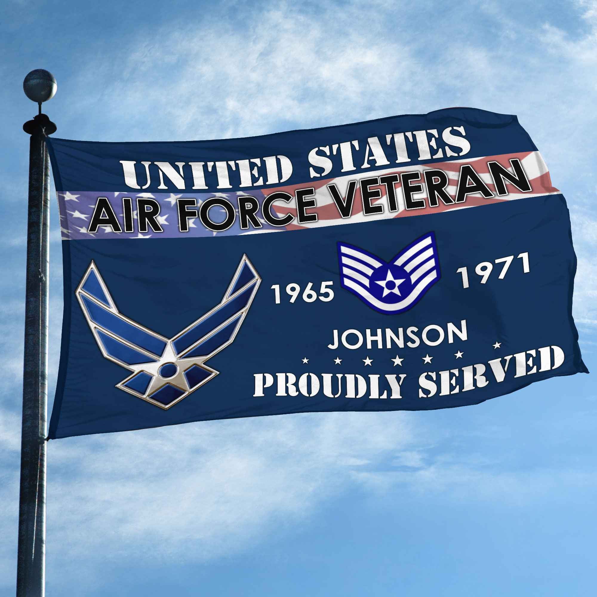 Premium USAF Grommet Flag, Custom Name, Rank, Year, Gifts For Air Force Veteran, Best Gifts On Father's Day, Armed Forces Day, Independence Day, Veterans Day.