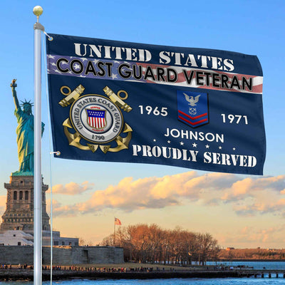 Premium USCG Grommet Flag, Custom Name, Rank, Year, Gifts For Coast Guard Veteran, Best Gifts On Father's Day, Armed Forces Day, Independence Day, Veterans Day.