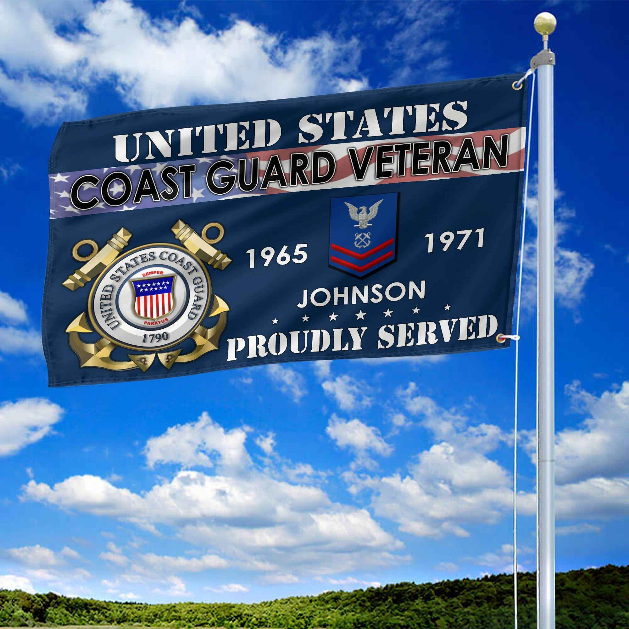 Premium USCG Grommet Flag, Custom Name, Rank, Year, Gifts For Coast Guard Veteran, Best Gifts On Father's Day, Armed Forces Day, Independence Day, Veterans Day.
