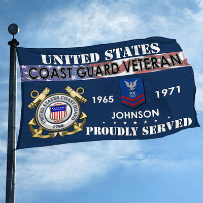Premium USCG Grommet Flag, Custom Name, Rank, Year, Gifts For Coast Guard Veteran, Best Gifts On Father's Day, Armed Forces Day, Independence Day, Veterans Day.