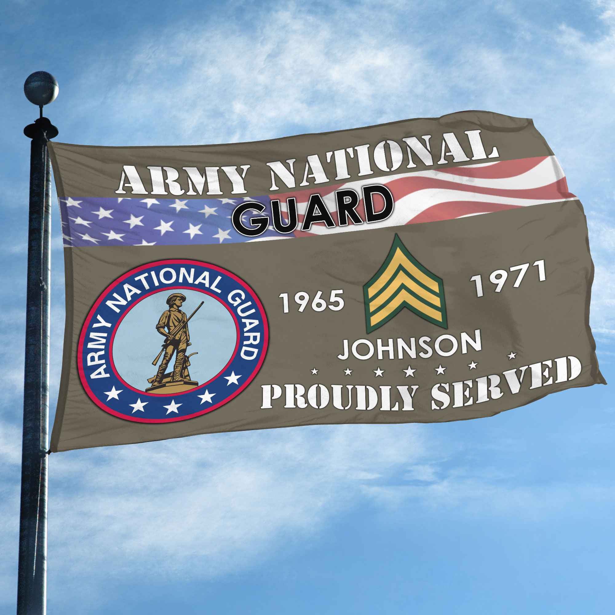 Premium US Army National Guard Grommet Flag, Custom Name, Rank, Year, Gifts For Army National Guard Veteran, Best Gifts On Father's Day, Armed Forces Day, Independence Day, Veterans Day.