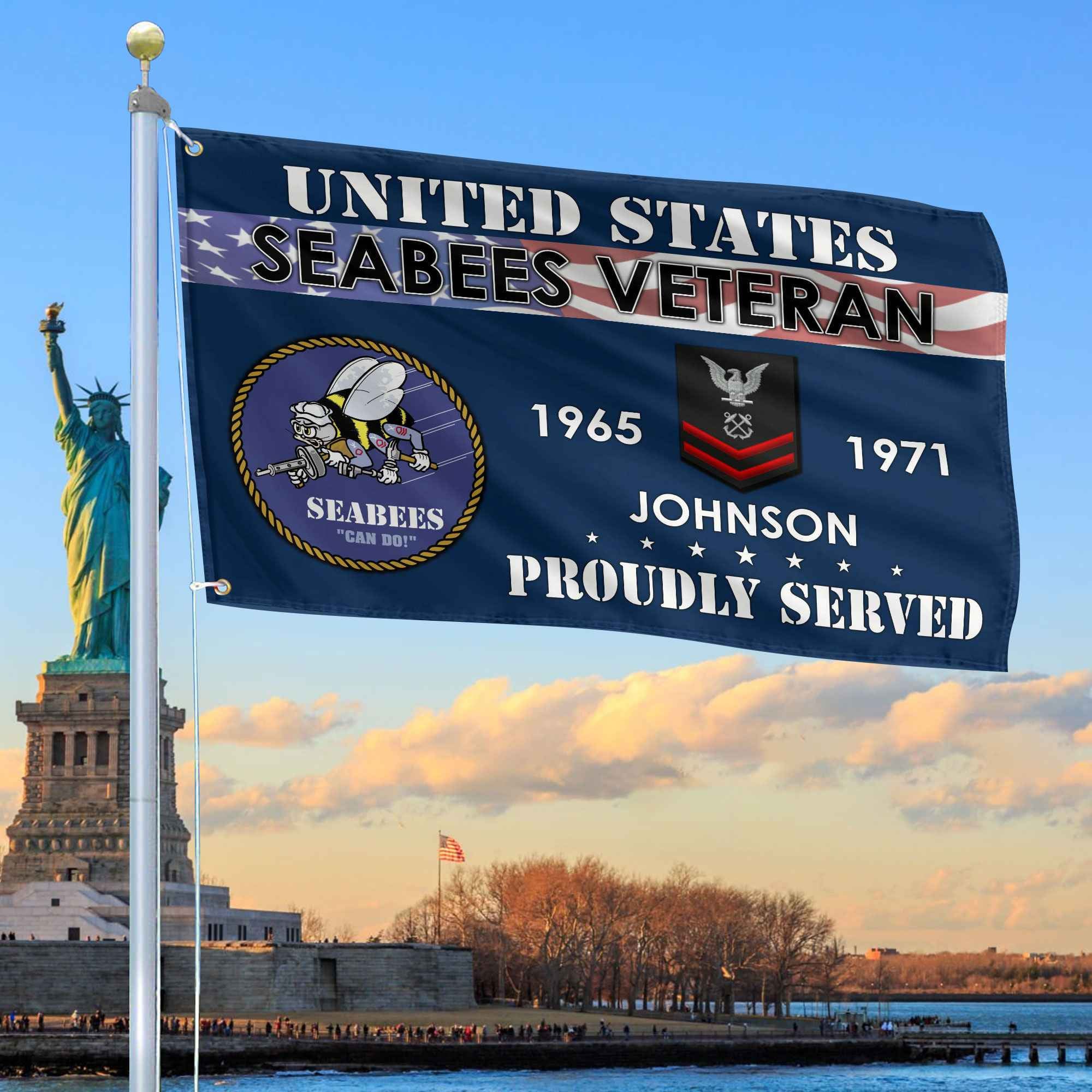 Premium US Seabees Grommet Flag, Custom Name, Rank, Year, Gifts For Seabees Veteran, Best Gifts On Father's Day, Armed Forces Day, Independence Day, Veterans Day.