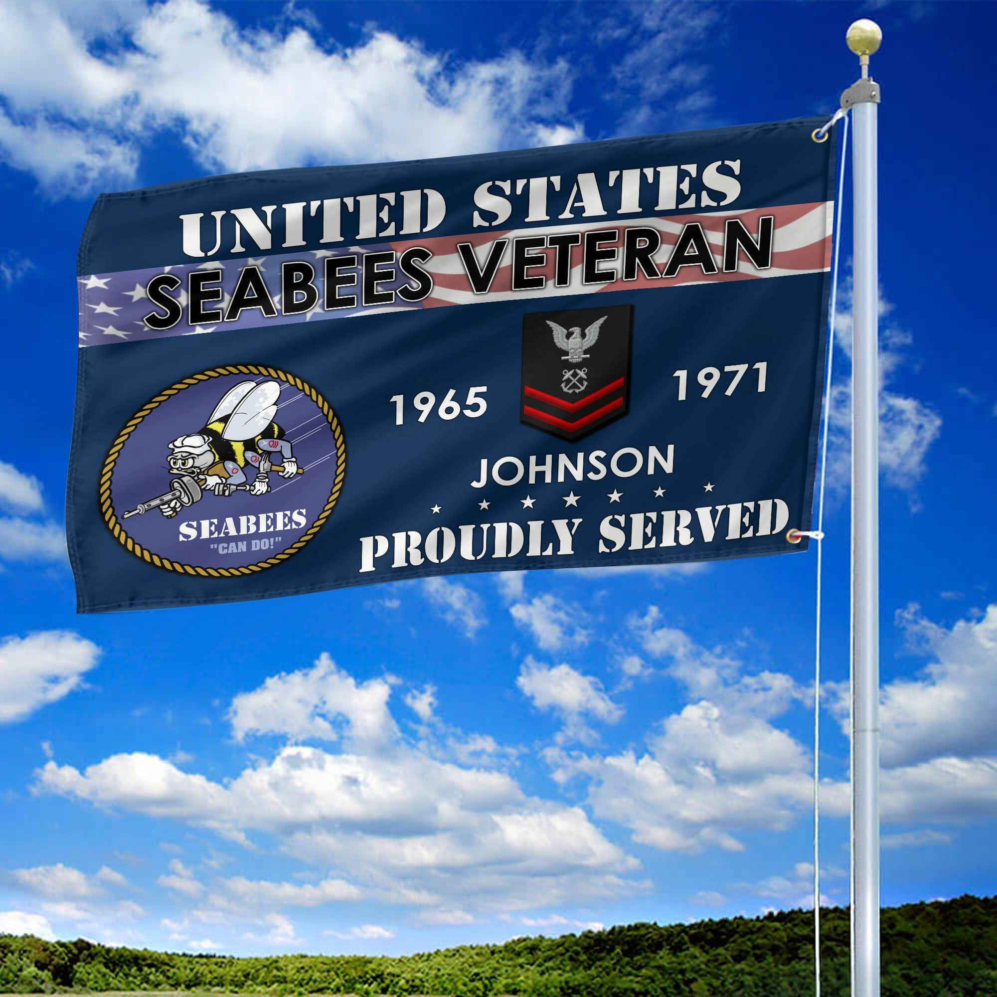 Premium US Seabees Grommet Flag, Custom Name, Rank, Year, Gifts For Seabees Veteran, Best Gifts On Father's Day, Armed Forces Day, Independence Day, Veterans Day.