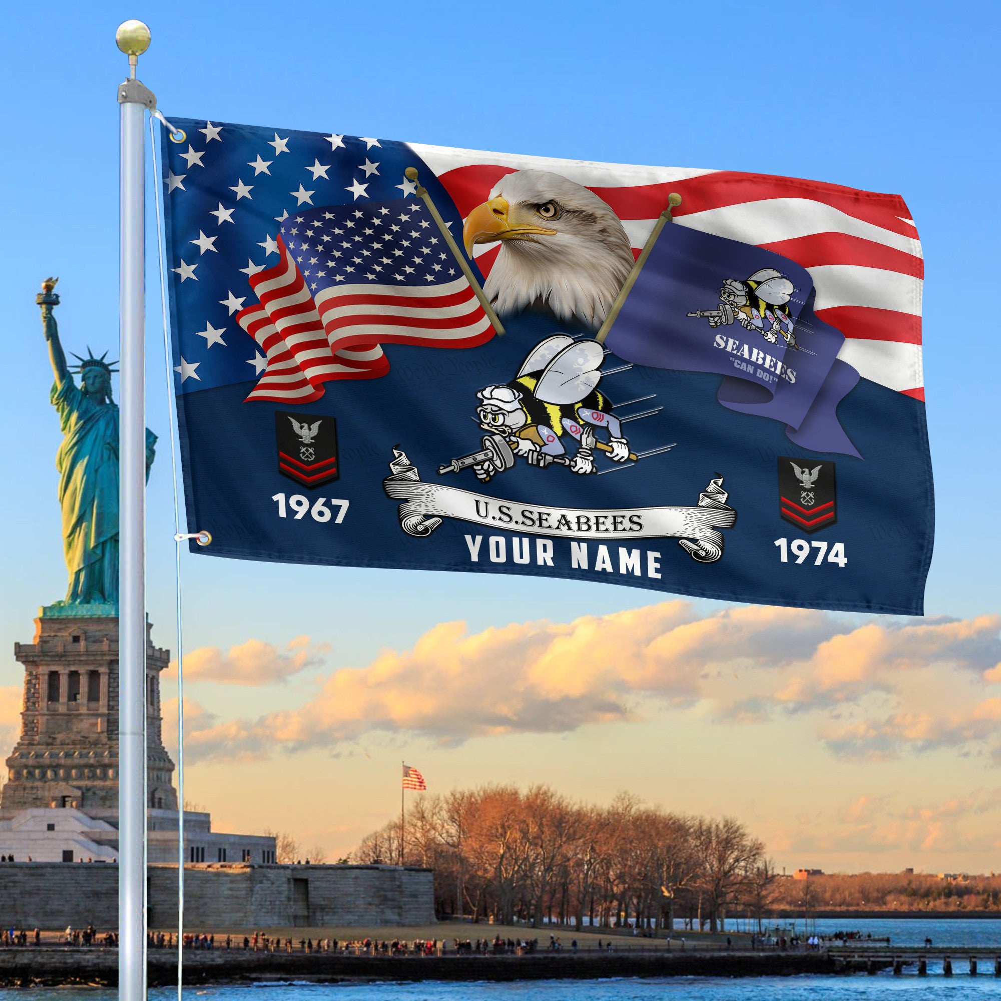 Premium Custom US Seabees Grommet Flag, Gifts For Seabees Veteran, Best Gifts On Father's Day, Armed Forces Day, Independence Day, Veterans Day.
