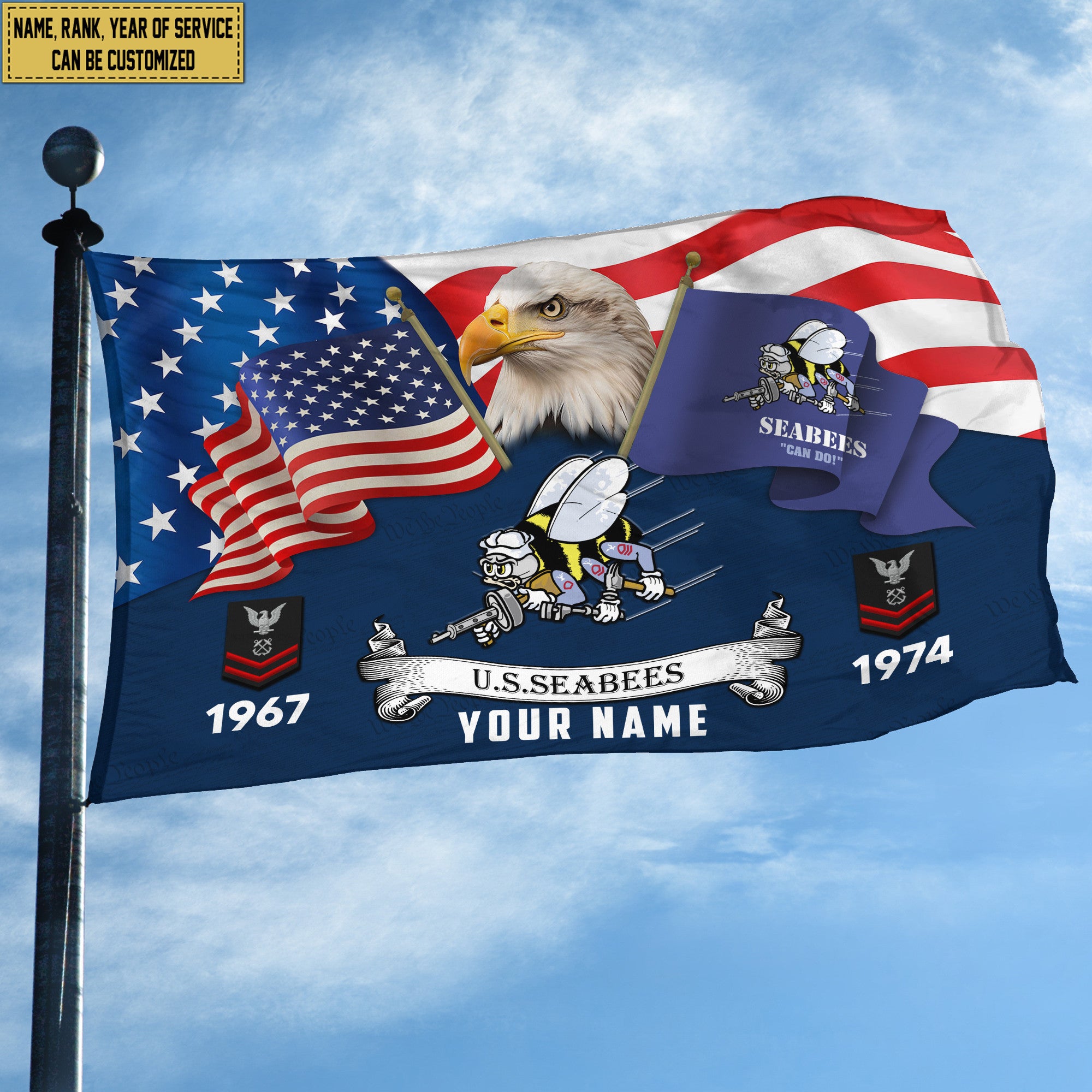 Premium Custom US Seabees Grommet Flag, Gifts For Seabees Veteran, Best Gifts On Father's Day, Armed Forces Day, Independence Day, Veterans Day.