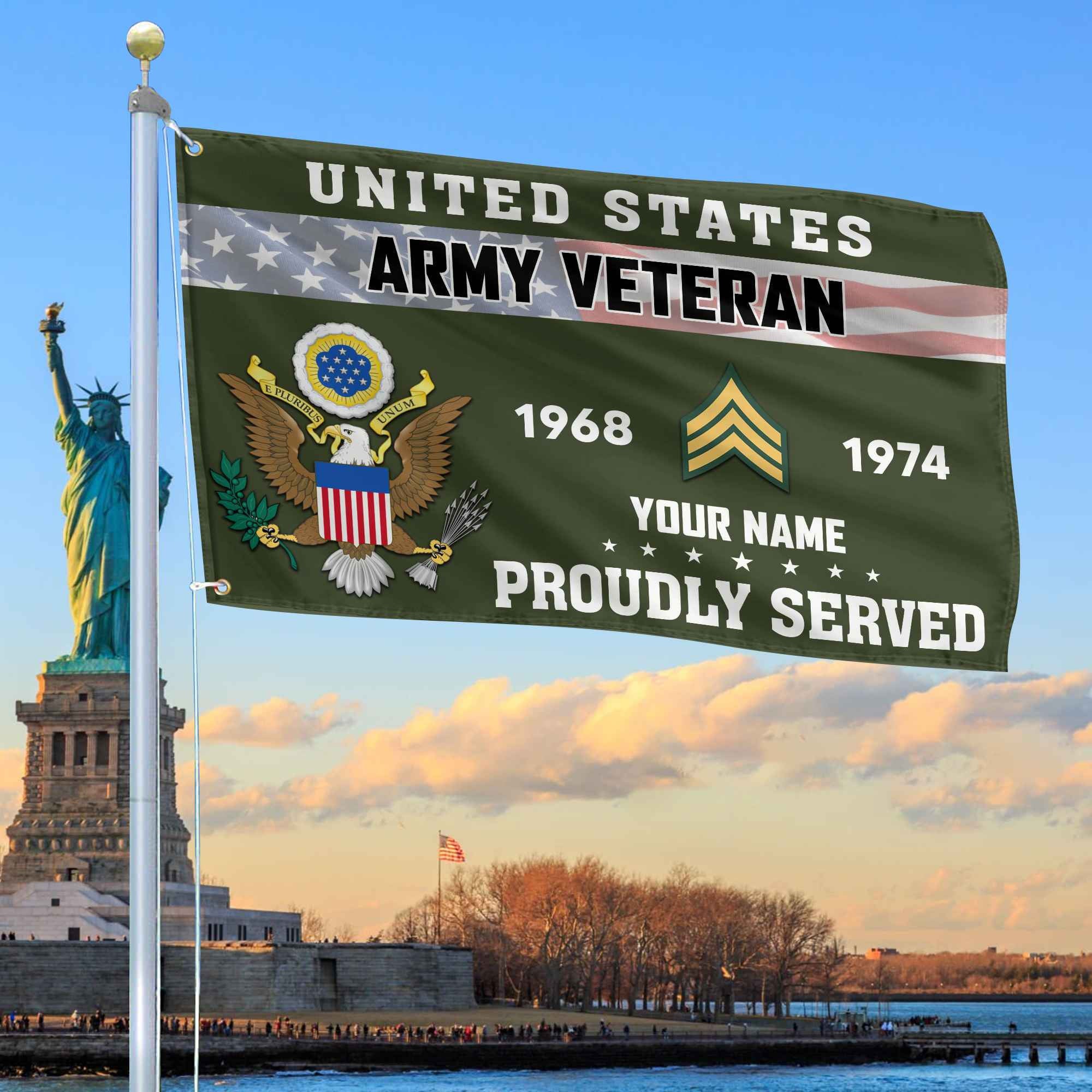 Premium US Army Grommet Flag, Custom Name, Rank, Year, Gifts For Army Veteran, Best Gifts On Father's Day, Armed Forces Day, Independence Day, Veterans Day.