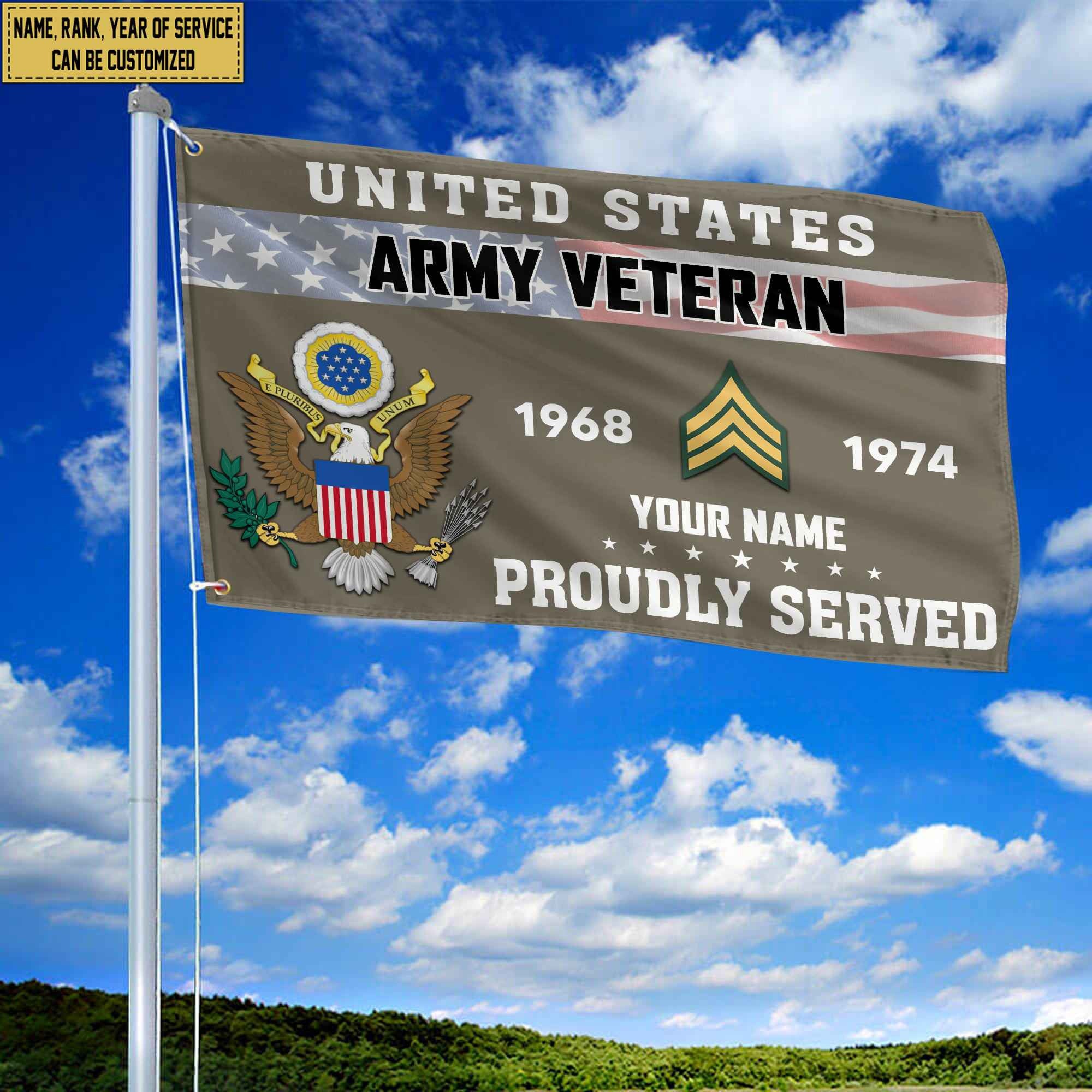 Premium US Army Grommet Flag, Custom Name, Rank, Year, Gifts For Army Veteran, Best Gifts On Father's Day, Armed Forces Day, Independence Day, Veterans Day.