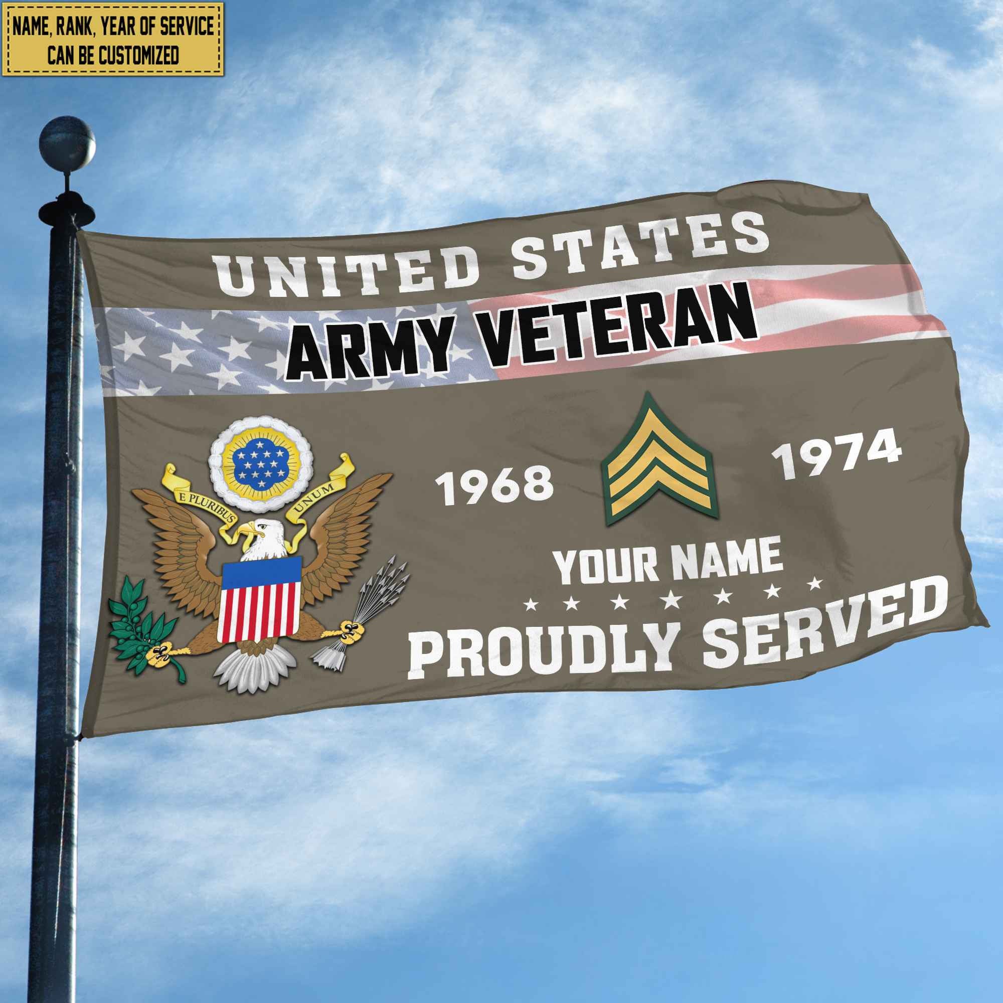Premium US Army Grommet Flag, Custom Name, Rank, Year, Gifts For Army Veteran, Best Gifts On Father's Day, Armed Forces Day, Independence Day, Veterans Day.