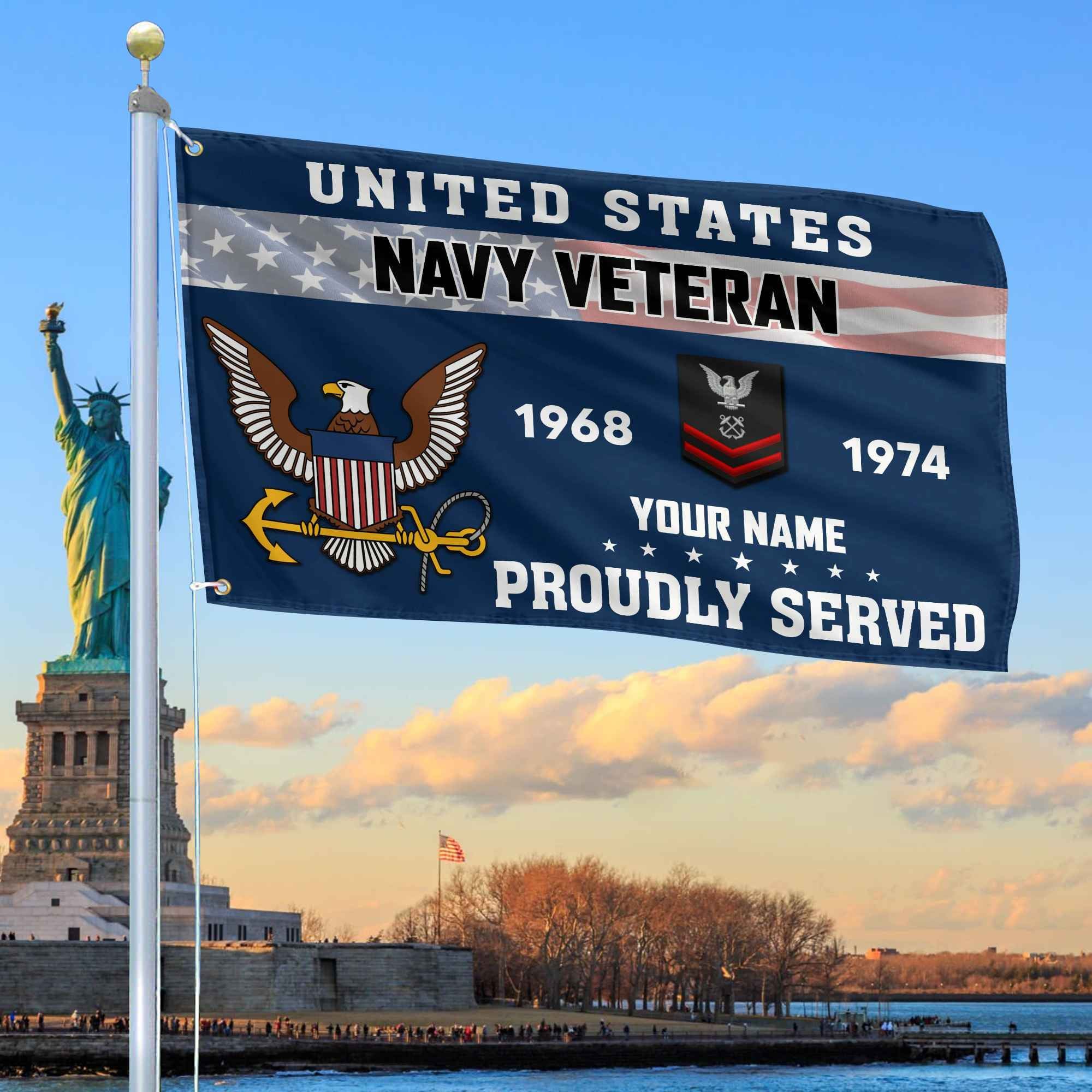 Premium US Navy Grommet Flag, Custom Name, Rank, Year, Gifts For Navy Veteran, Best Gifts On Father's Day, Armed Forces Day, Independence Day, Veterans Day.