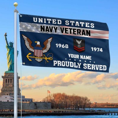 Premium US Navy Grommet Flag, Custom Name, Rank, Year, Gifts For Navy Veteran, Best Gifts On Father's Day, Armed Forces Day, Independence Day, Veterans Day.
