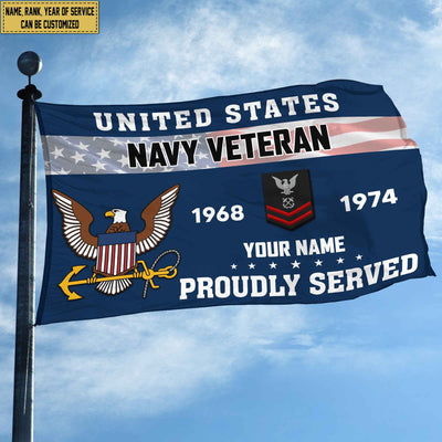 Premium US Navy Grommet Flag, Custom Name, Rank, Year, Gifts For Navy Veteran, Best Gifts On Father's Day, Armed Forces Day, Independence Day, Veterans Day.