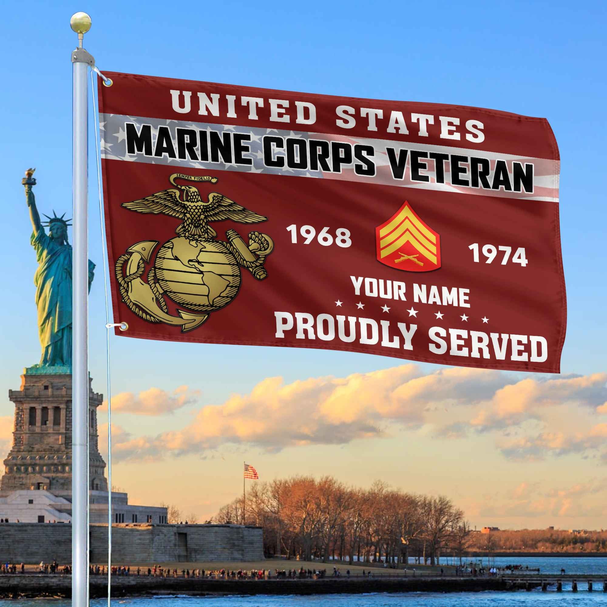 Premium USMC Grommet Flag, Custom Name, Rank, Year, Gifts For Marine Veteran, Best Gifts On Father's Day, Armed Forces Day, Independence Day, Veterans Day.