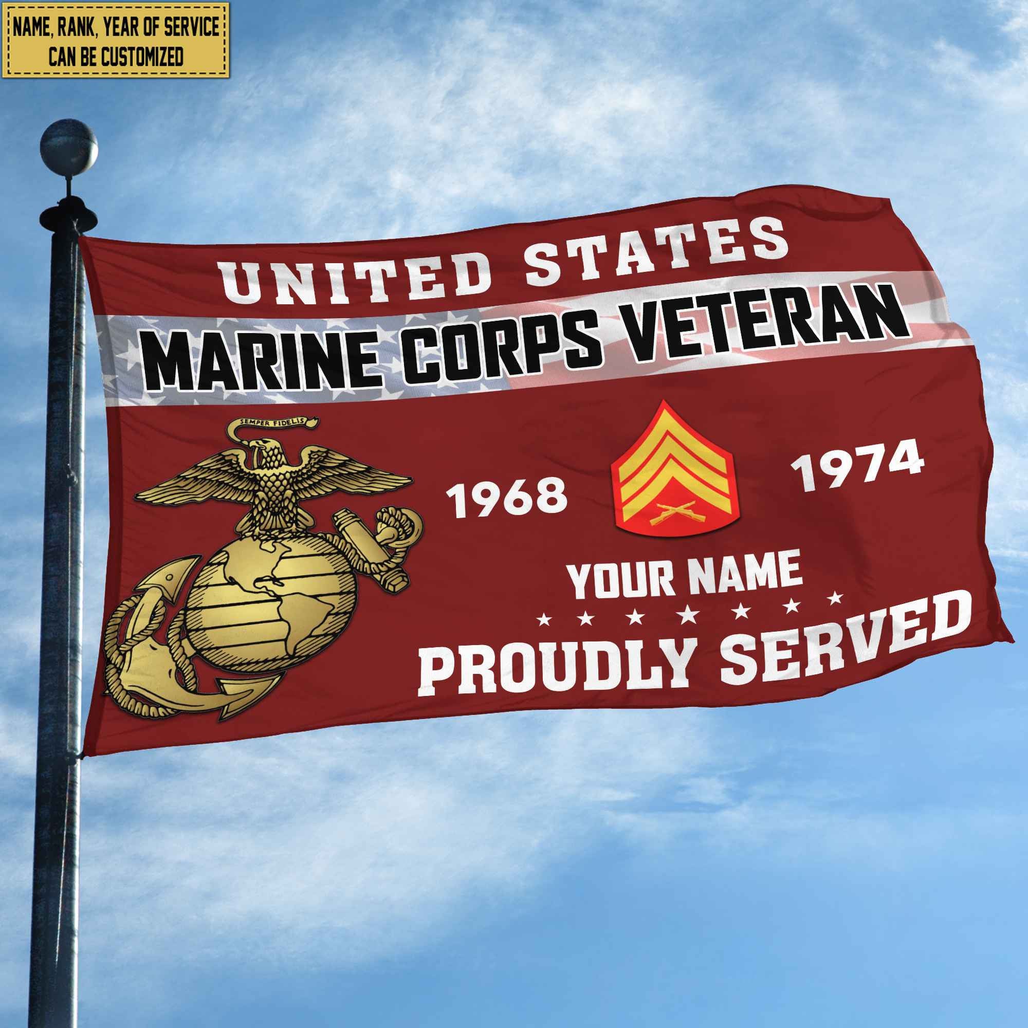Premium USMC Grommet Flag, Custom Name, Rank, Year, Gifts For Marine Veteran, Best Gifts On Father's Day, Armed Forces Day, Independence Day, Veterans Day.