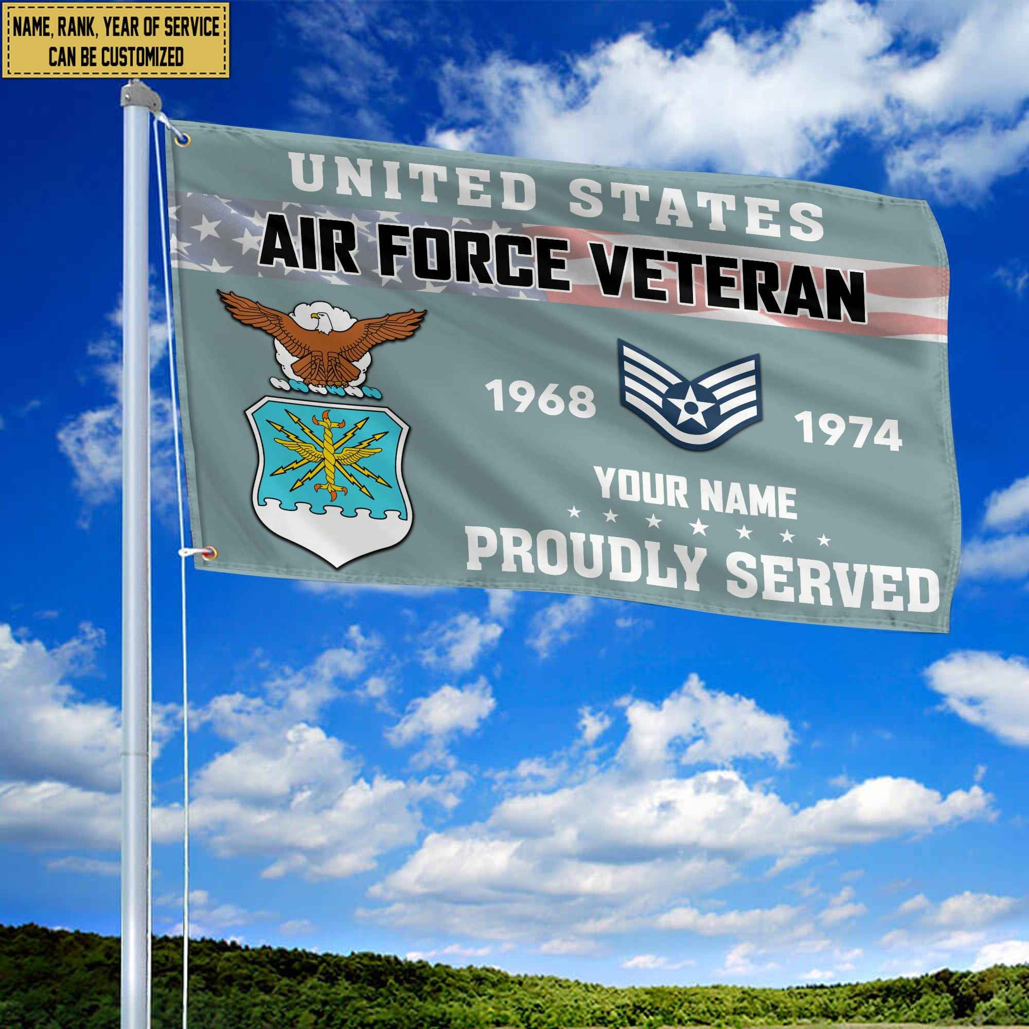 Premium USAF Grommet Flag, Custom Name, Rank, Year, Gifts For Air Force Veteran, Best Gifts On Father's Day, Armed Forces Day, Independence Day, Veterans Day.
