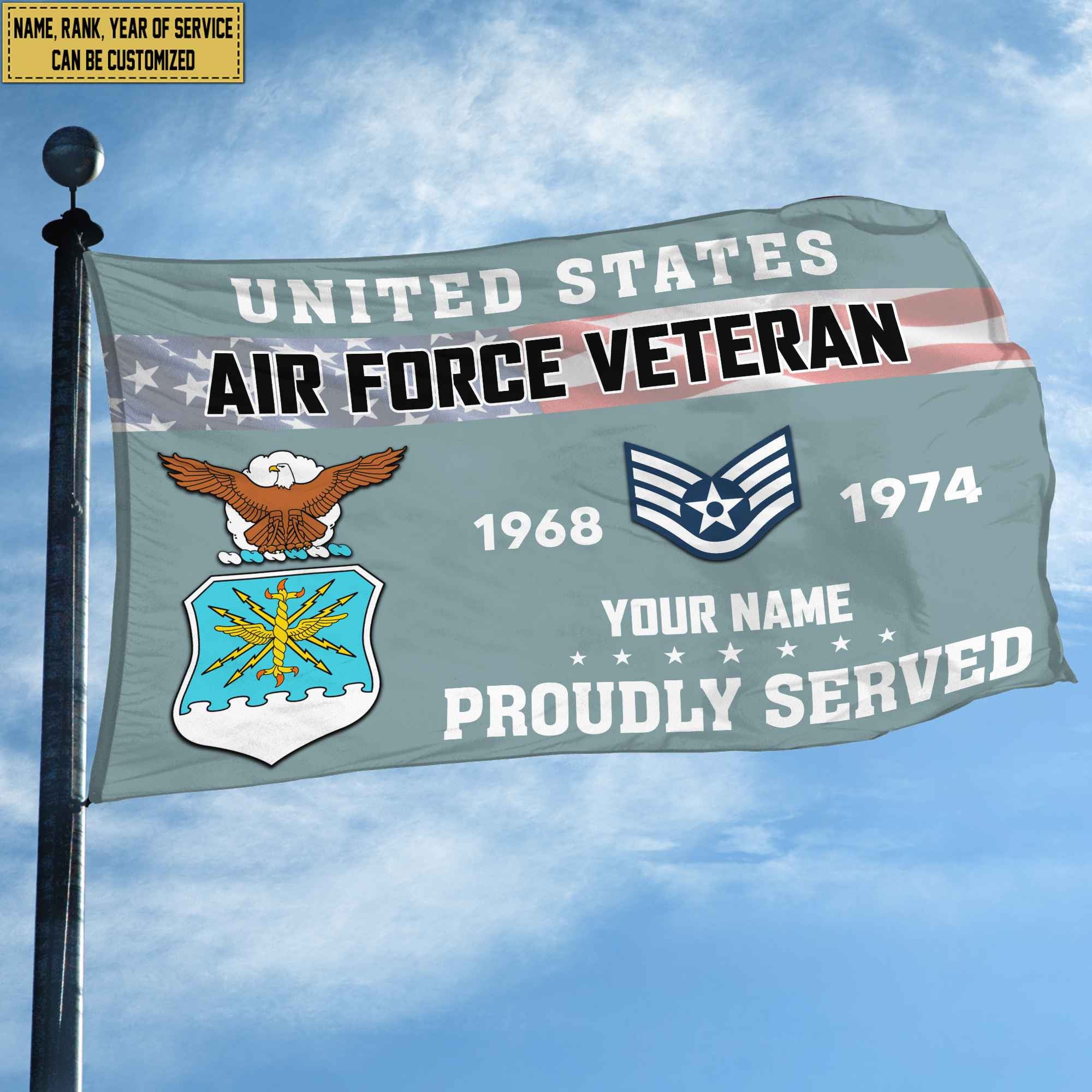 Premium USAF Grommet Flag, Custom Name, Rank, Year, Gifts For Air Force Veteran, Best Gifts On Father's Day, Armed Forces Day, Independence Day, Veterans Day.