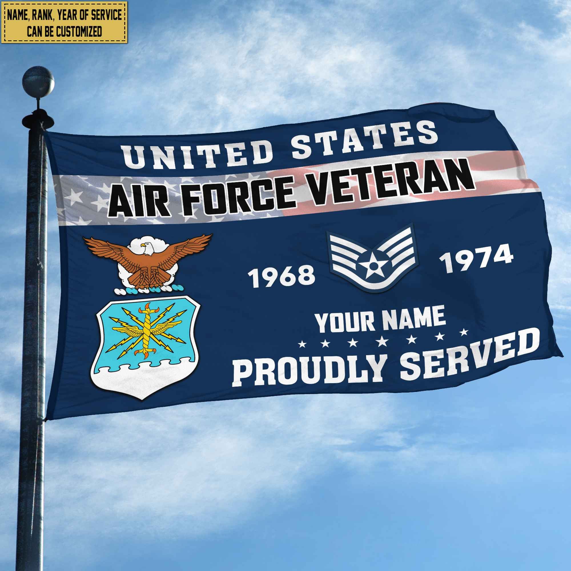 Premium USAF Grommet Flag, Custom Name, Rank, Year, Gifts For Air Force Veteran, Best Gifts On Father's Day, Armed Forces Day, Independence Day, Veterans Day.