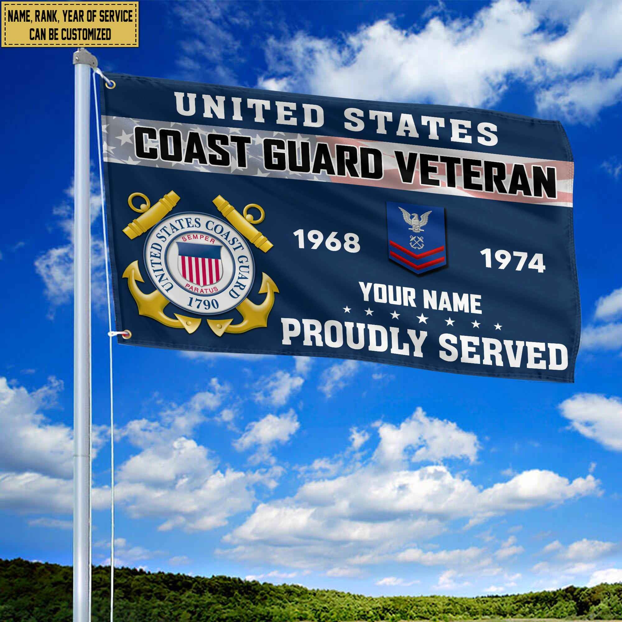 Premium USCG Grommet Flag, Custom Name, Rank, Year, Gifts For Coast Guard Veteran, Best Gifts On Father's Day, Armed Forces Day, Independence Day, Veterans Day.