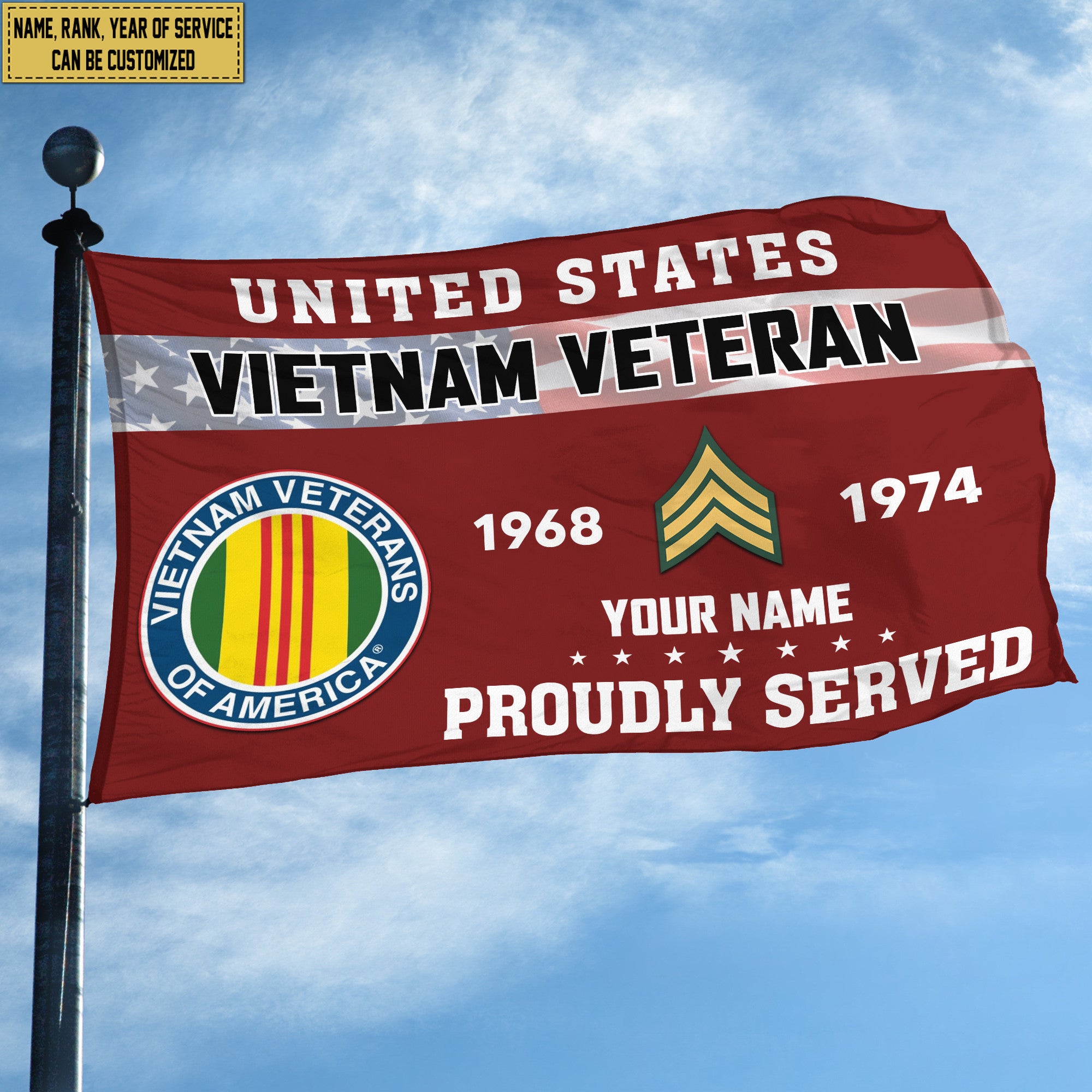 Premium Vietnam Veteran Grommet Flag, Custom Name, Rank, Year, Gifts For Vietnam Veteran, Best Gifts On Father's Day, Armed Forces Day, Independence Day, Veterans Day.