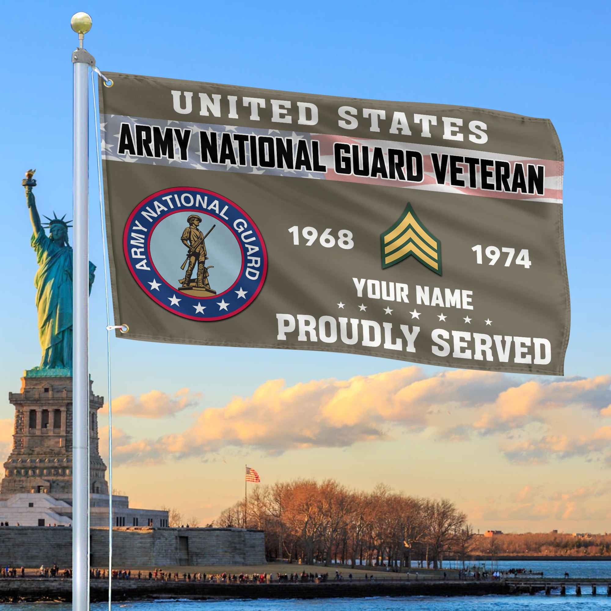 Premium US Army National Guard Grommet Flag, Custom Name, Rank, Year, Gifts For Army National Guard Veteran, Best Gifts On Father's Day, Armed Forces Day, Independence Day, Veterans Day.