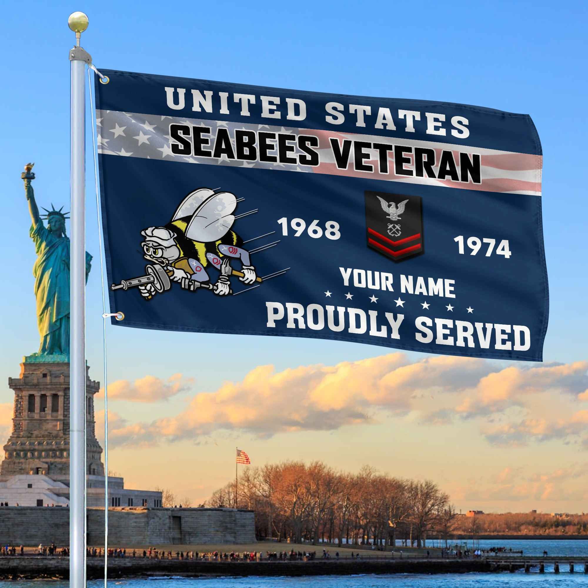 Premium US Seabees Grommet Flag, Custom Name, Rank, Year, Gifts For Seabees Veteran, Best Gifts On Father's Day, Armed Forces Day, Independence Day, Veterans Day.